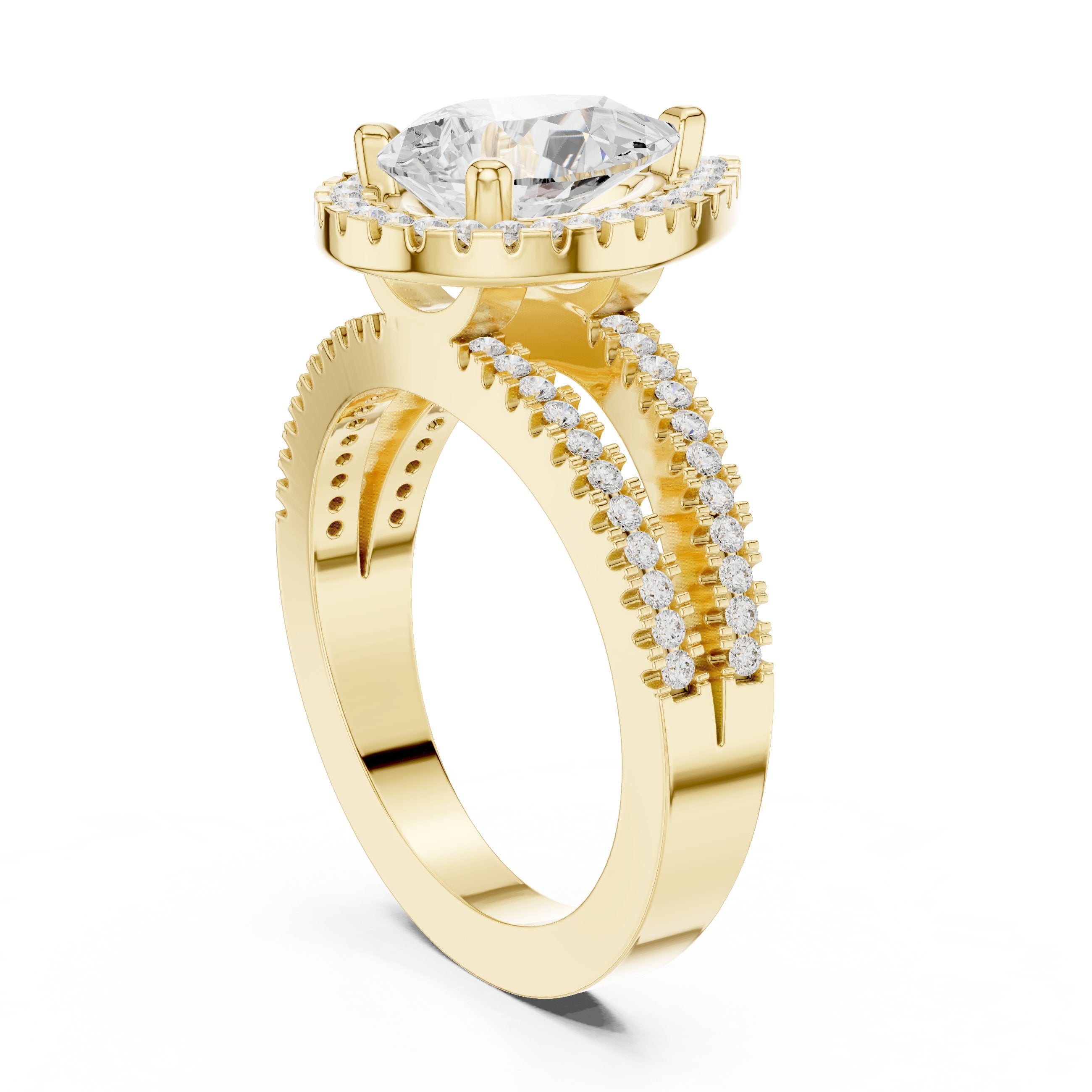 Pear Diamond Halo Engagement Ring with Split Shank Pavé Band in Yellow Gold - VYKA Diamonds