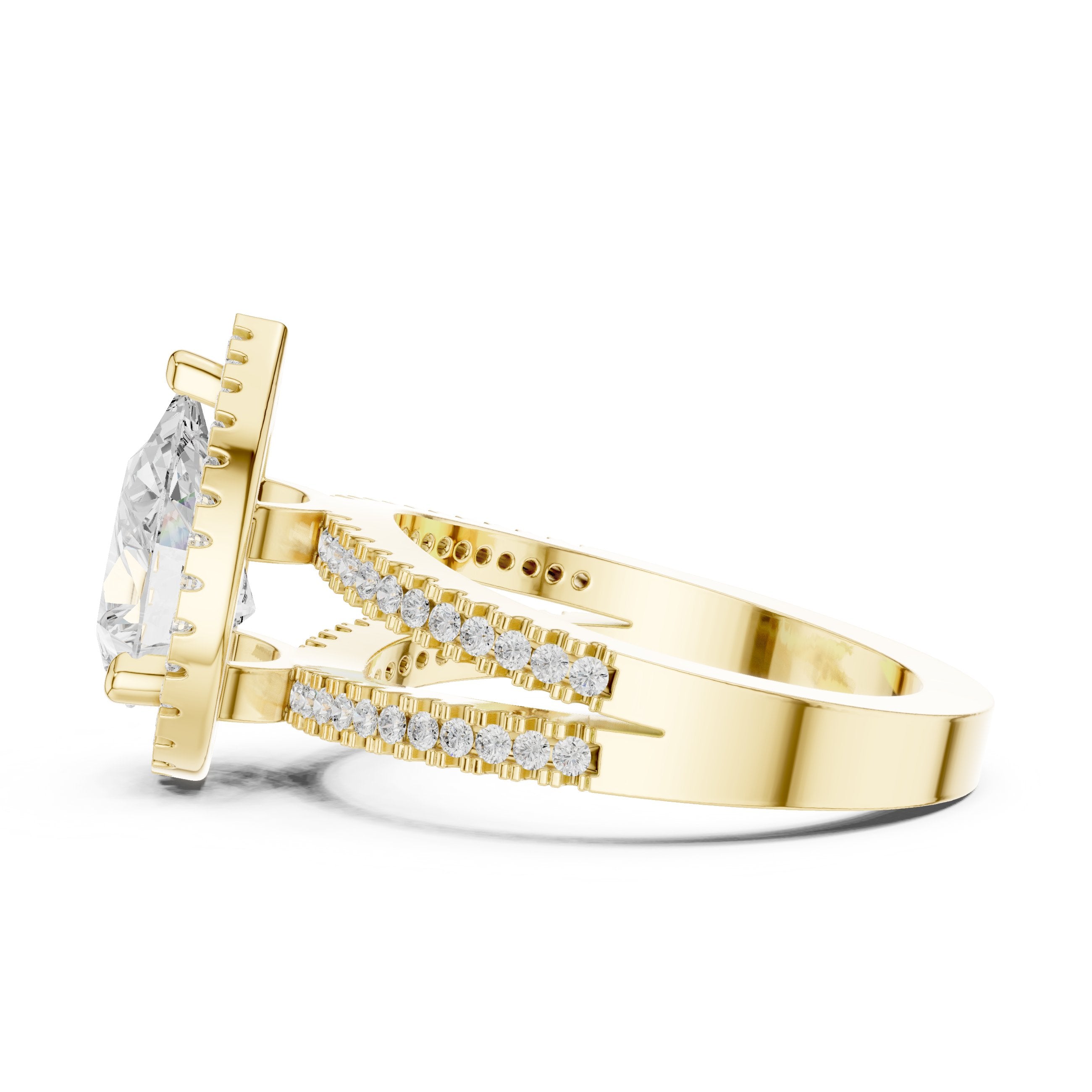 Pear Diamond Halo Engagement Ring with Split Shank Pavé Band in Yellow Gold - VYKA Diamonds