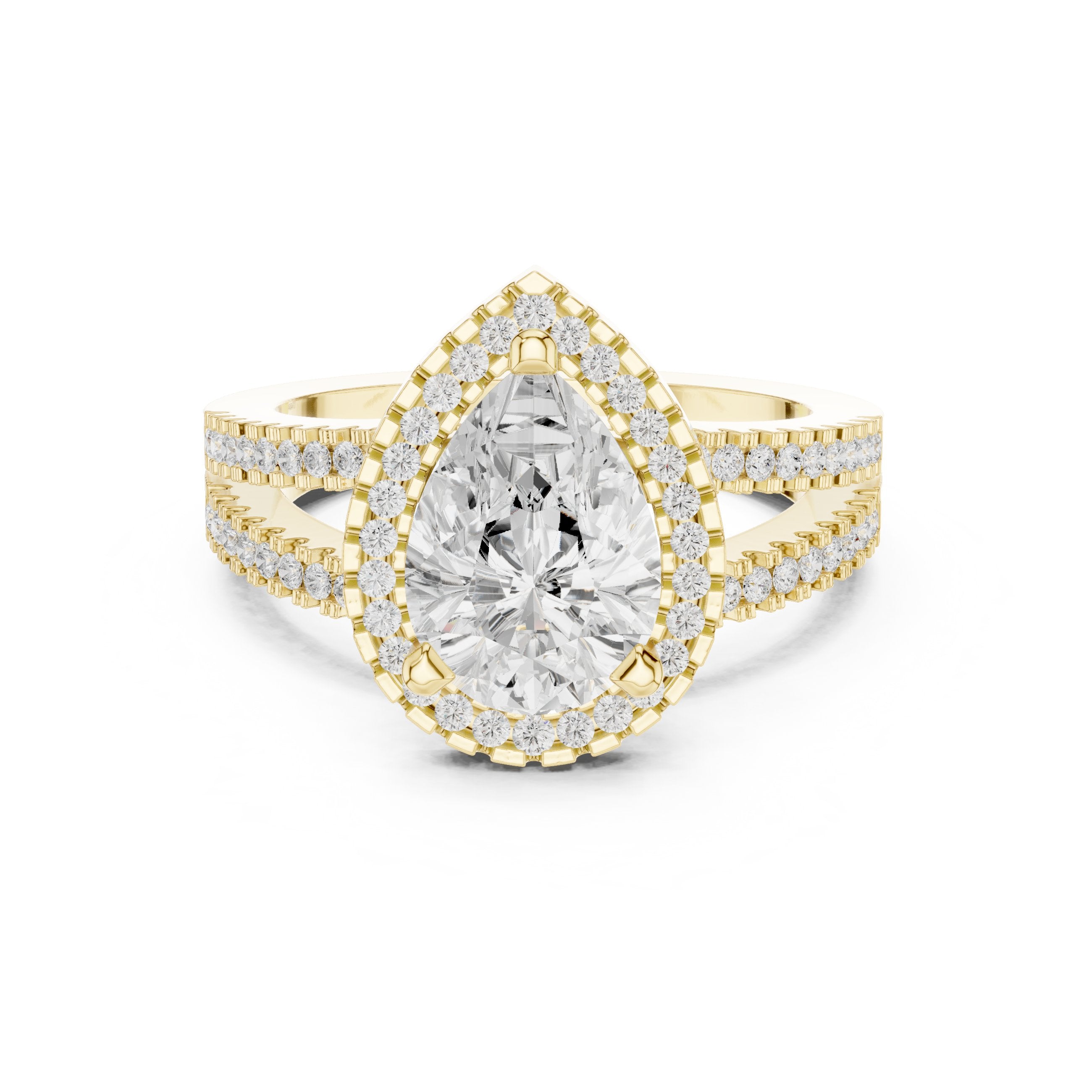 Pear Diamond Halo Engagement Ring with Split Shank Pavé Band in Yellow Gold - VYKA Diamonds