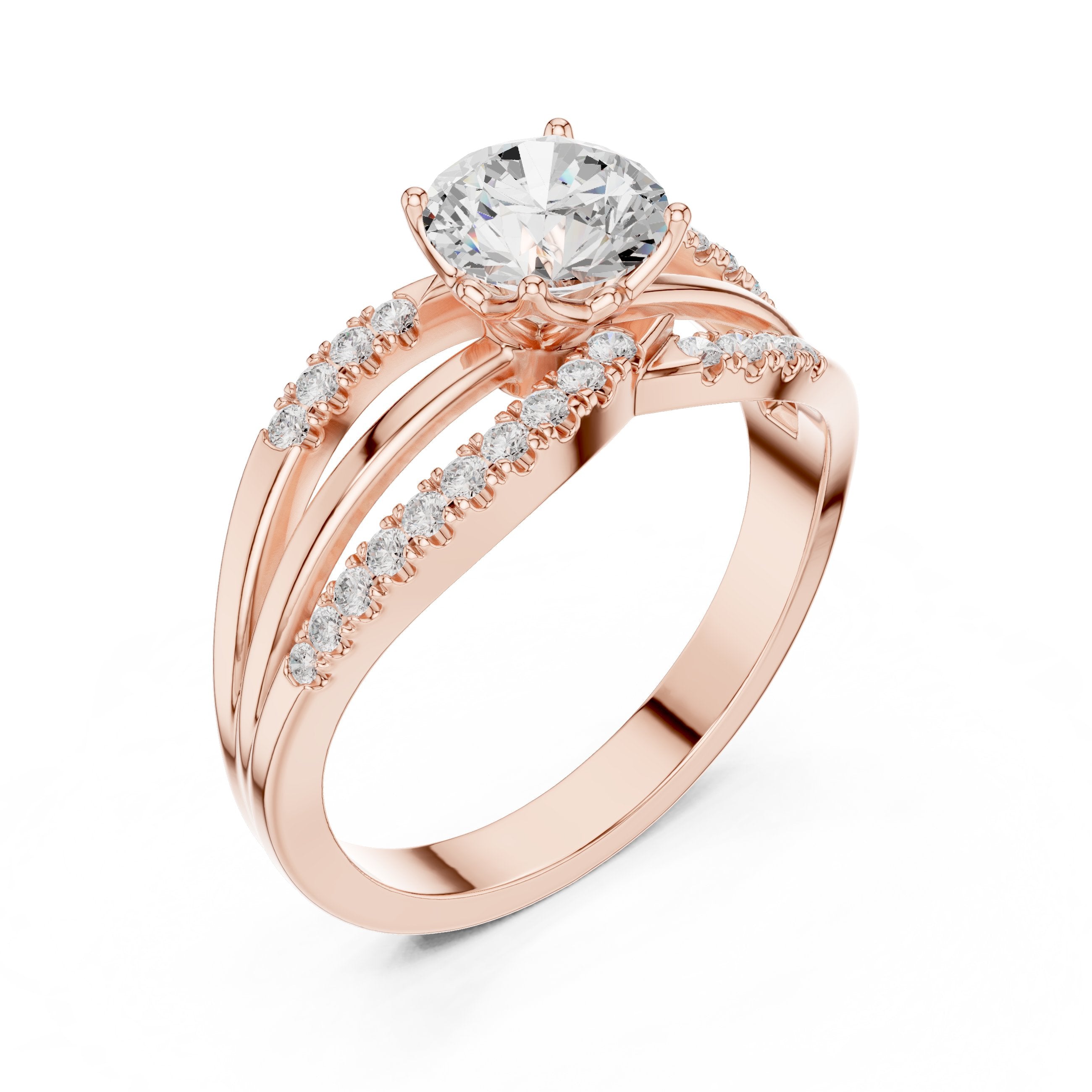 خاتم خطوبة بألماس مستدير مع ساق نصف أبدي بترصيع مخلبي in Rose Gold - VYKA Diamonds