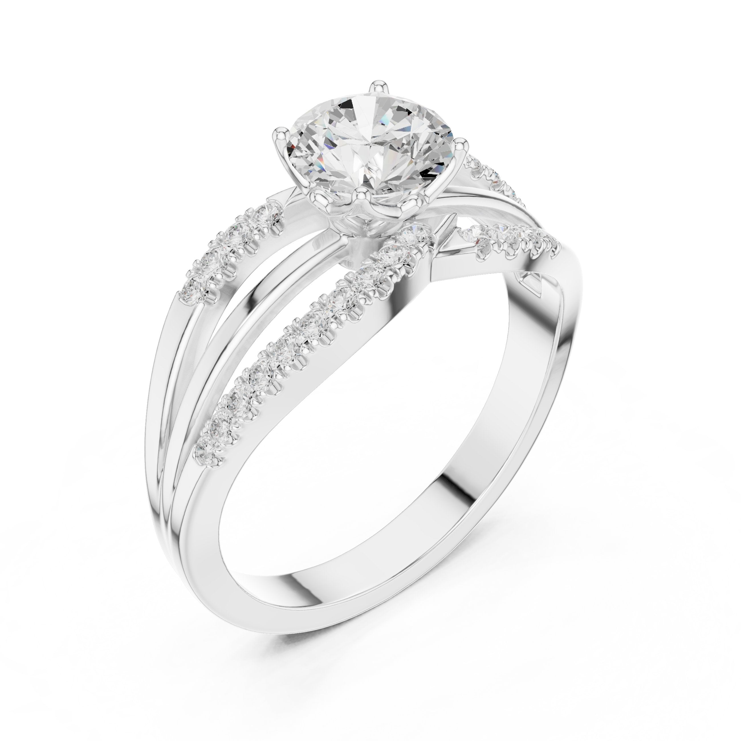 خاتم خطوبة بألماس مستدير مع ساق نصف أبدي بترصيع مخلبي in White Gold - VYKA Diamonds