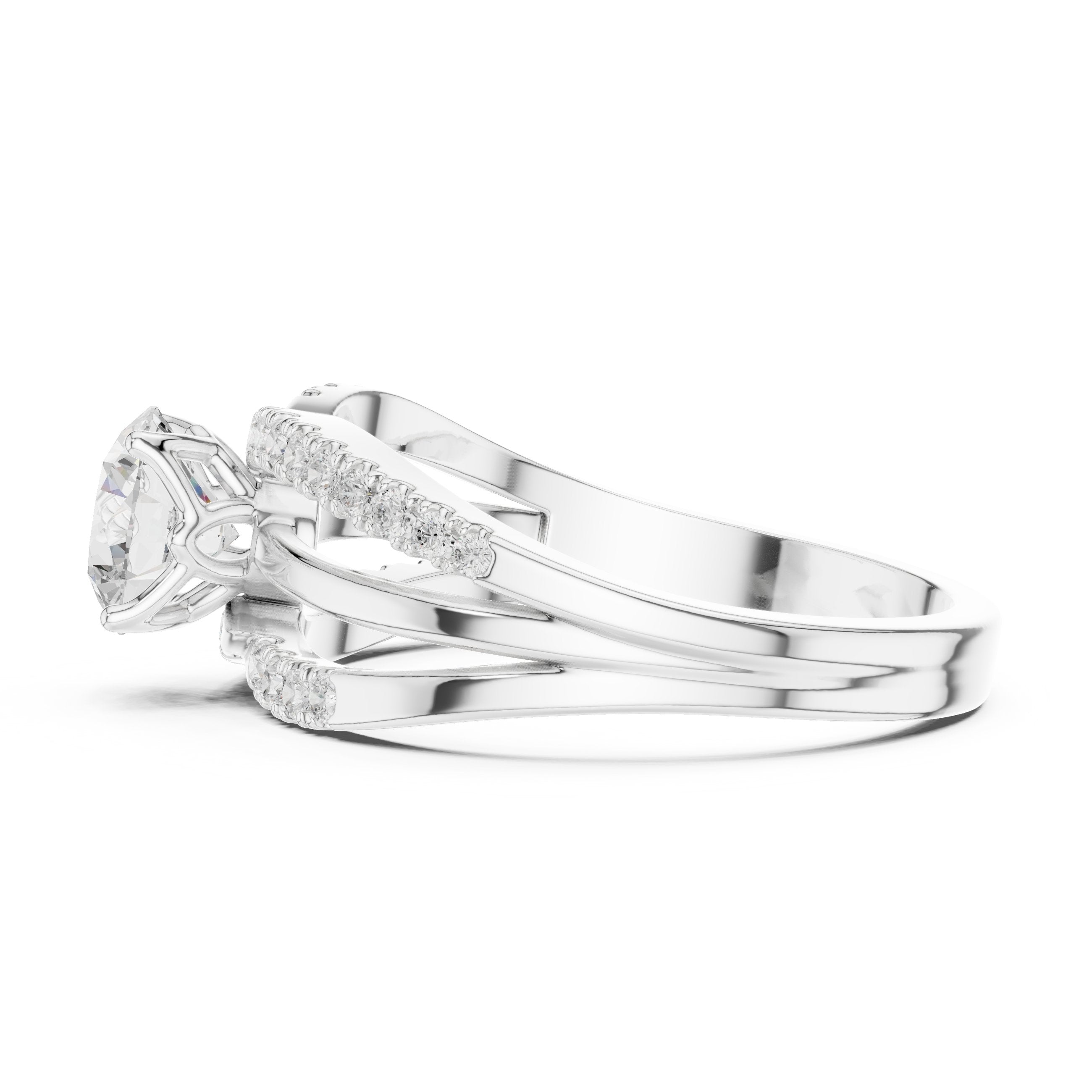 خاتم خطوبة بألماس مستدير مع ساق نصف أبدي بترصيع مخلبي in White Gold - VYKA Diamonds