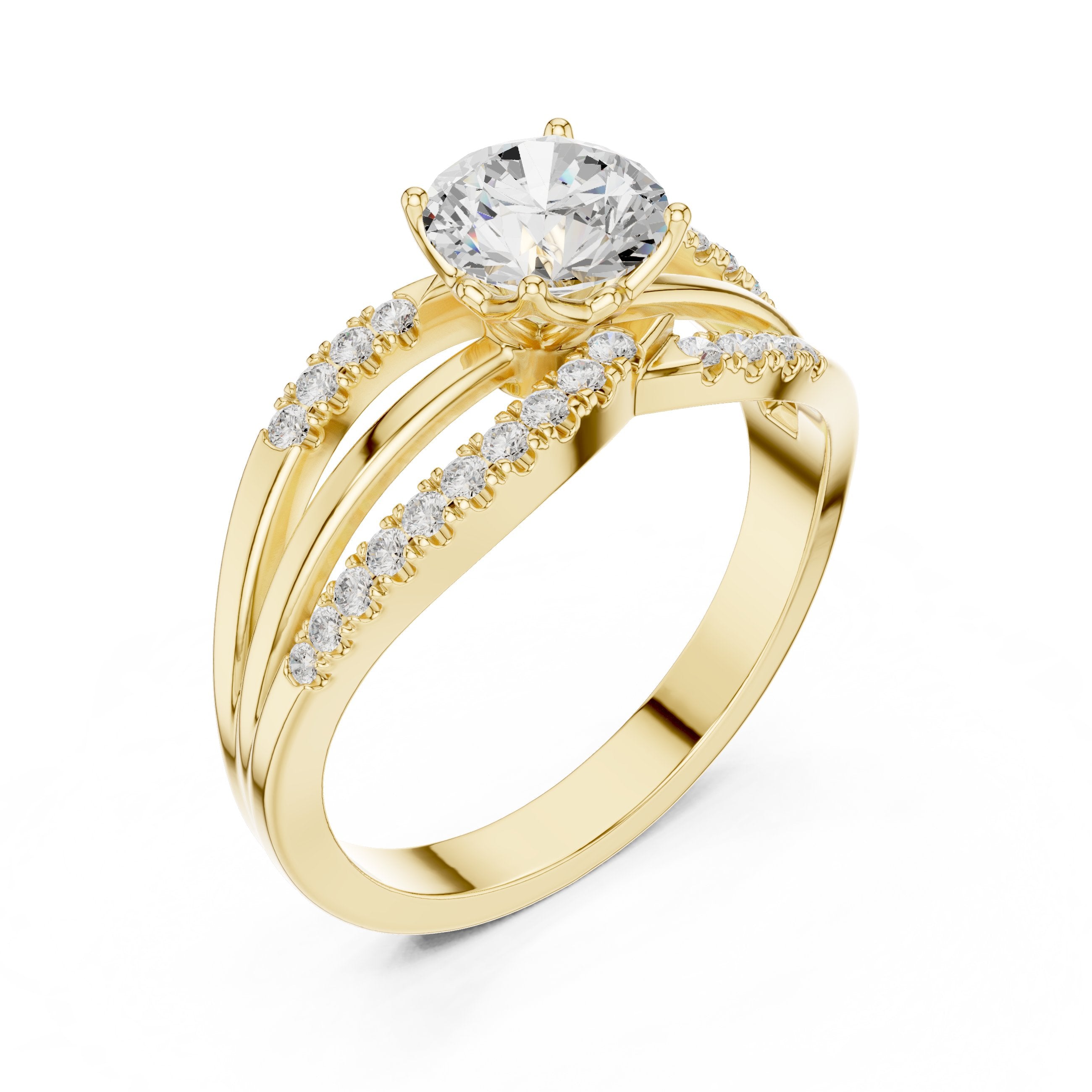 خاتم خطوبة بألماس مستدير مع ساق نصف أبدي بترصيع مخلبي in Yellow Gold - VYKA Diamonds