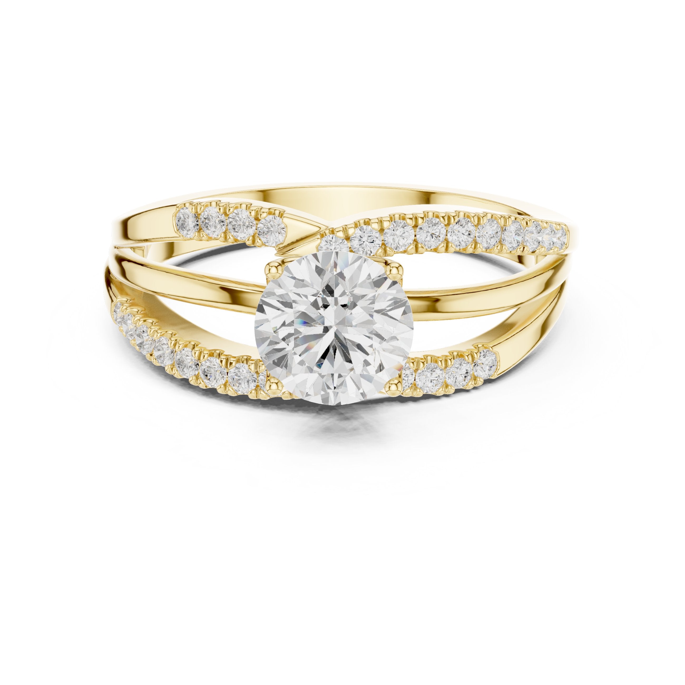 خاتم خطوبة بألماس مستدير مع ساق نصف أبدي بترصيع مخلبي in Yellow Gold - VYKA Diamonds