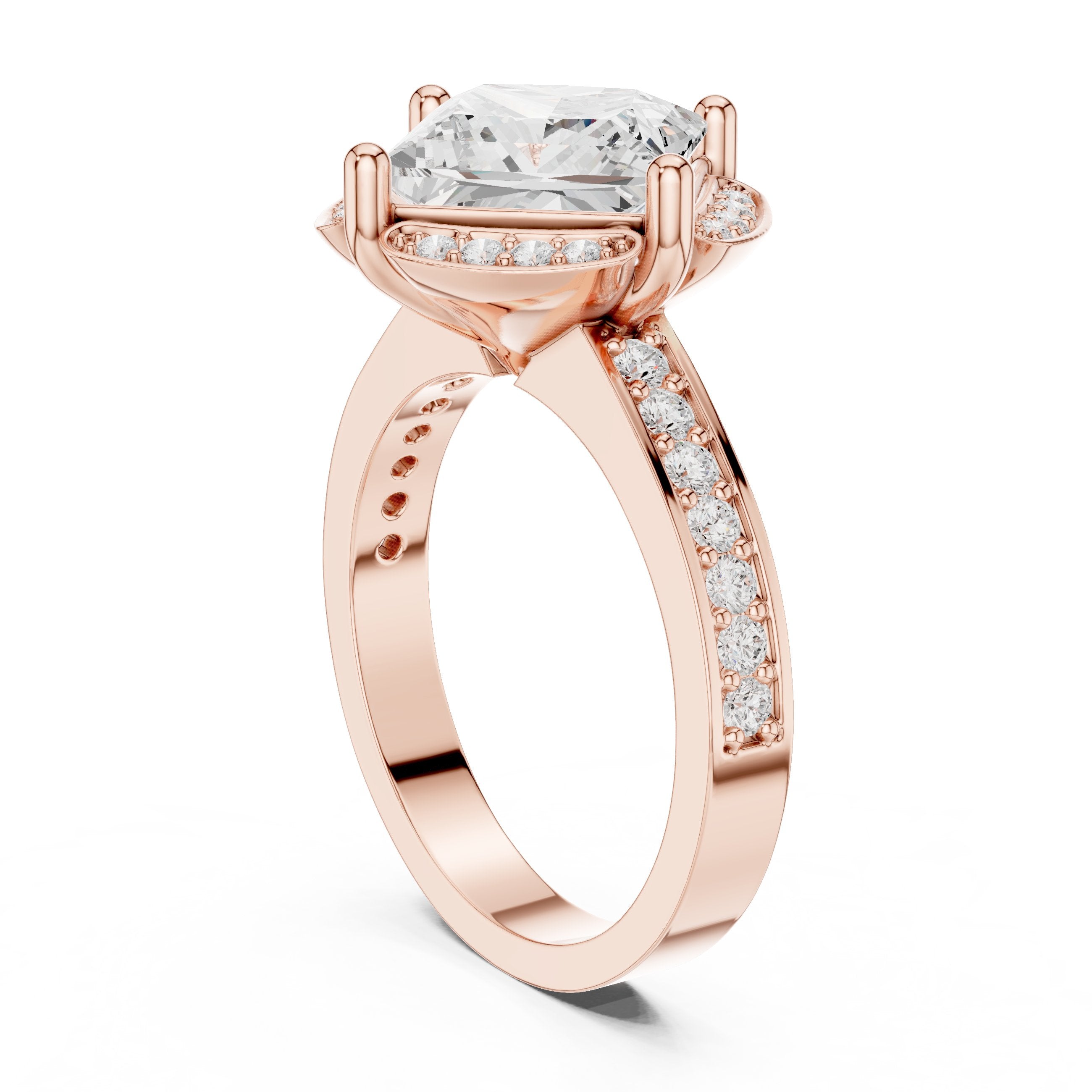 Princess Cut Halo Engagement Ring with Sculpted Pavé Frame and Pavé Band in Rose Gold - VYKA Diamonds