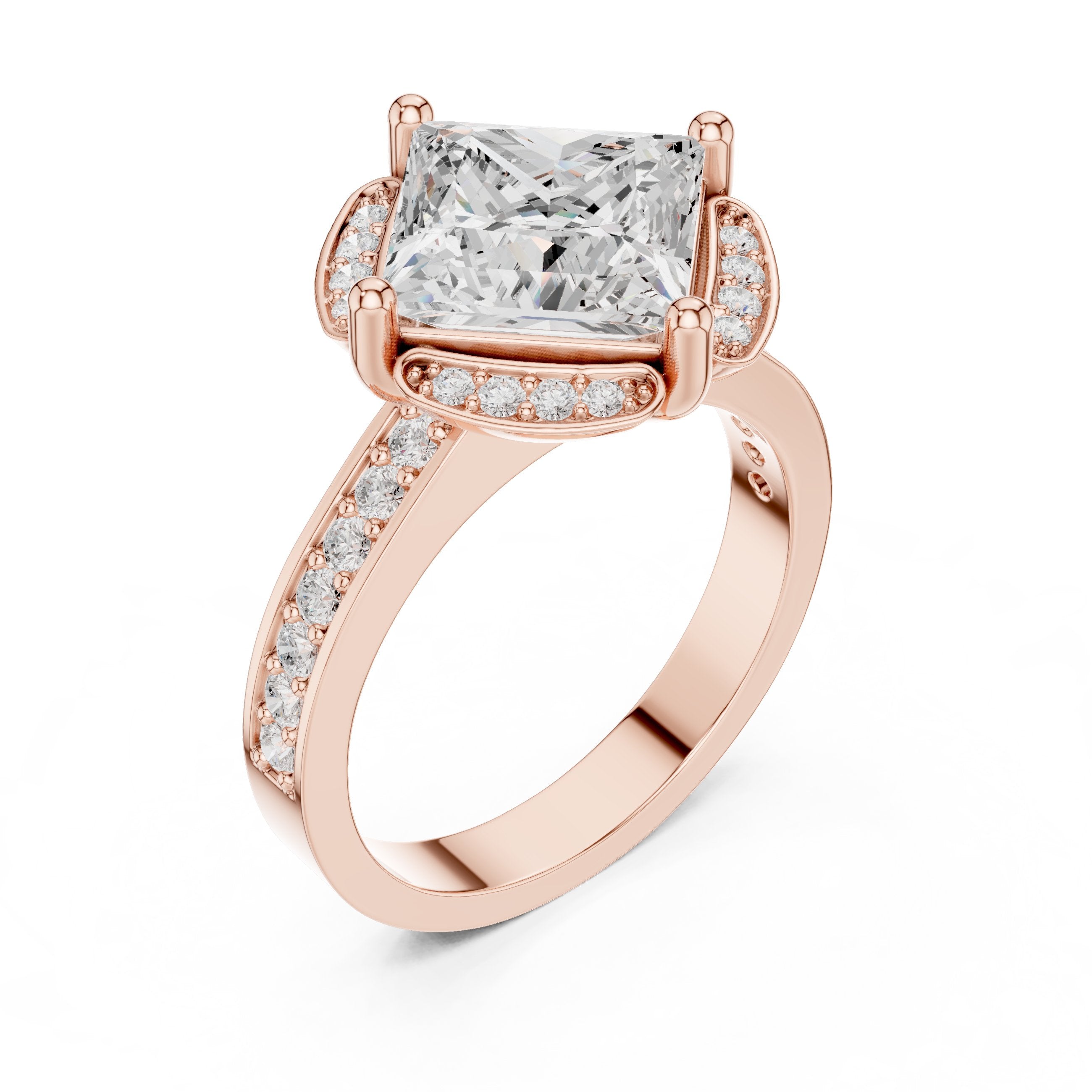 Princess Cut Halo Engagement Ring with Sculpted Pavé Frame and Pavé Band in Rose Gold - VYKA Diamonds