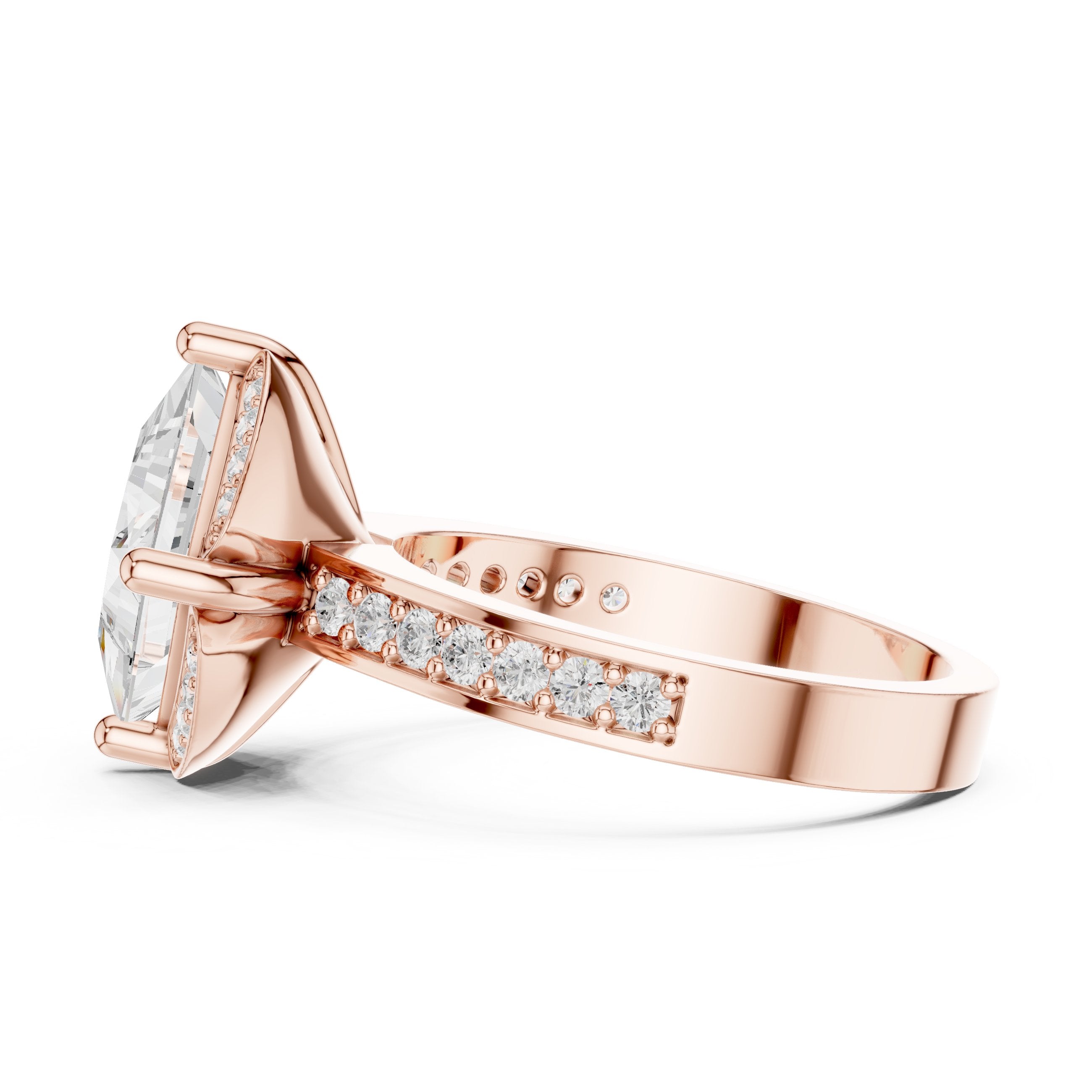 Princess Cut Halo Engagement Ring with Sculpted Pavé Frame and Pavé Band in Rose Gold - VYKA Diamonds