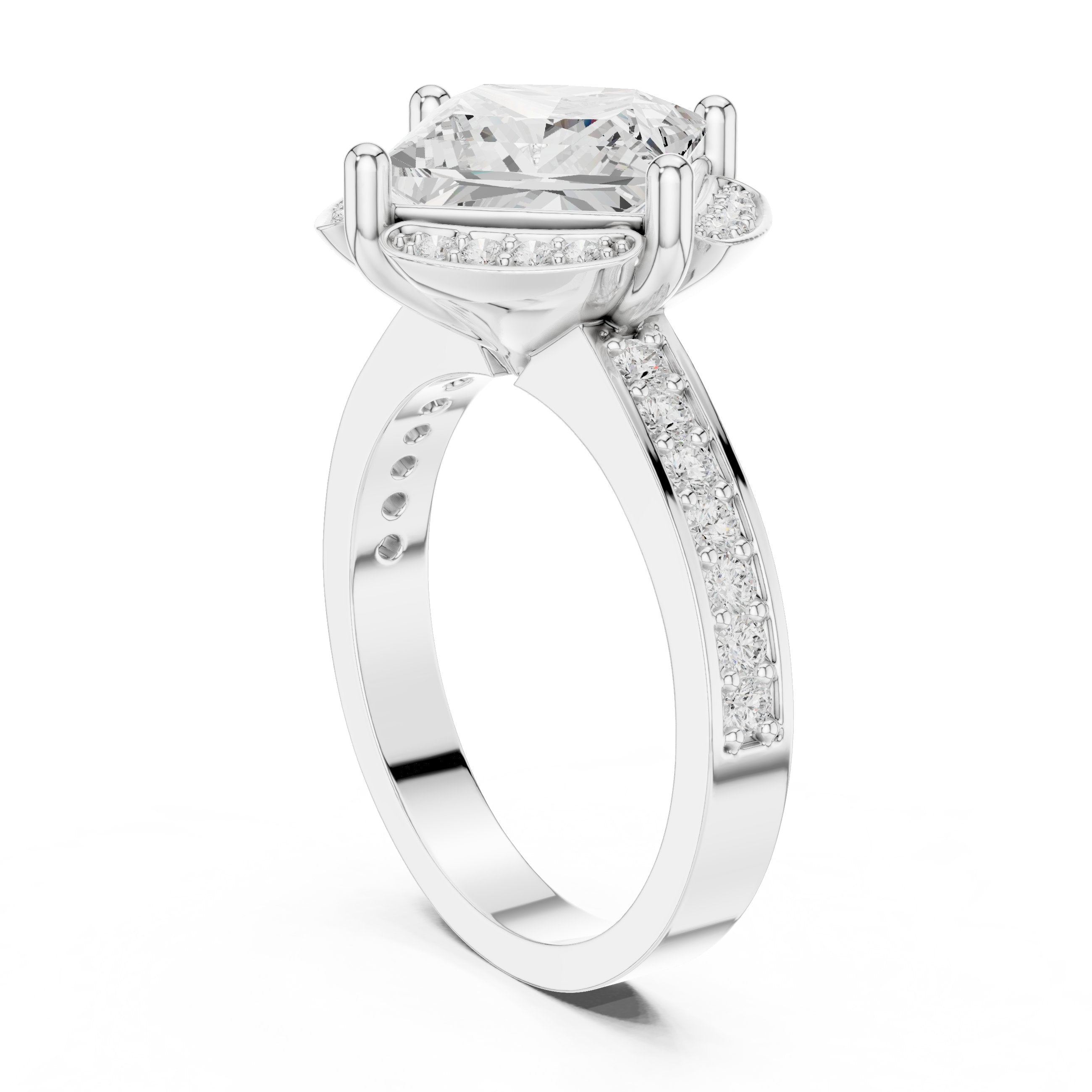 Princess Cut Halo Engagement Ring with Sculpted Pavé Frame and Pavé Band in White Gold - VYKA Diamonds