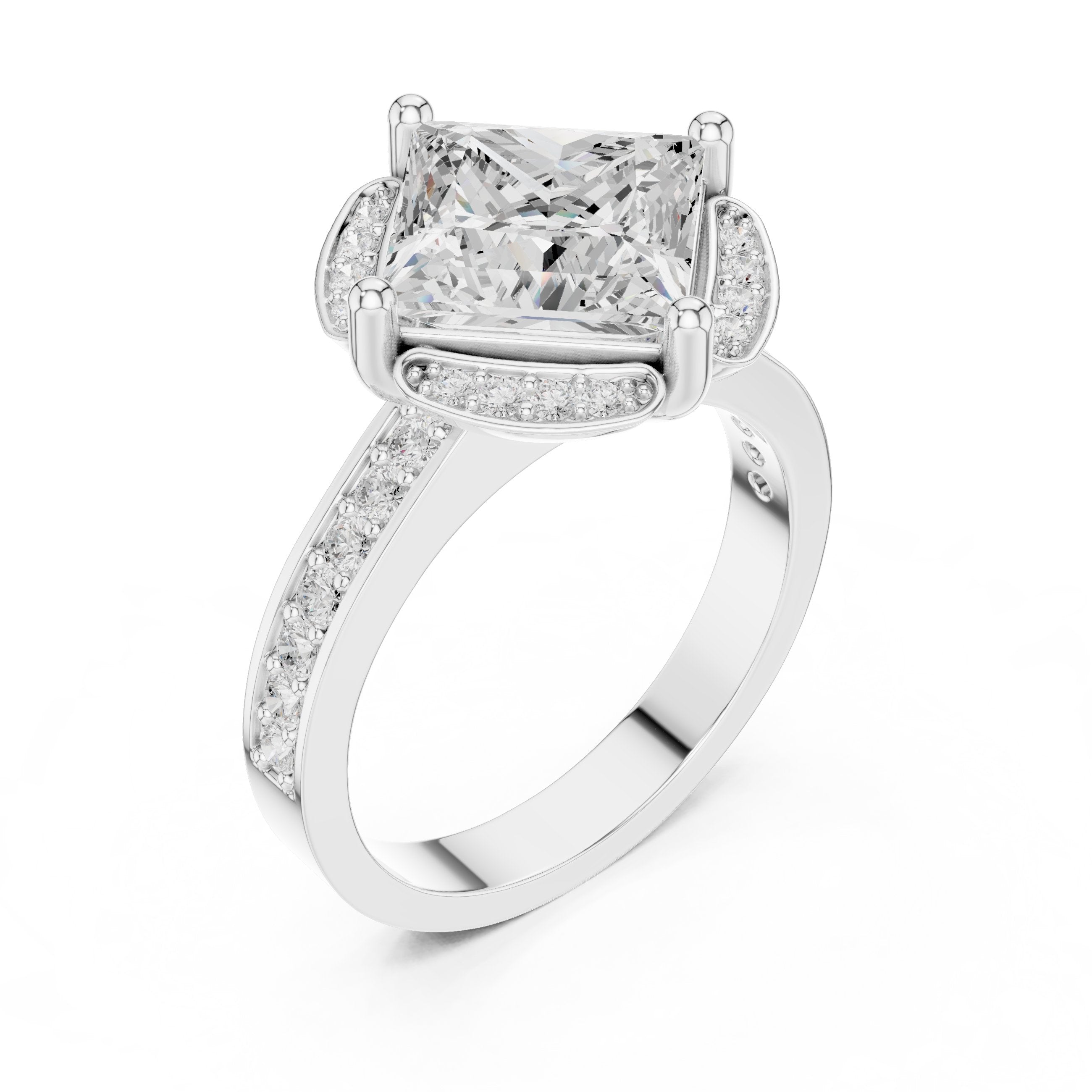 Princess Cut Halo Engagement Ring with Sculpted Pavé Frame and Pavé Band in White Gold - VYKA Diamonds