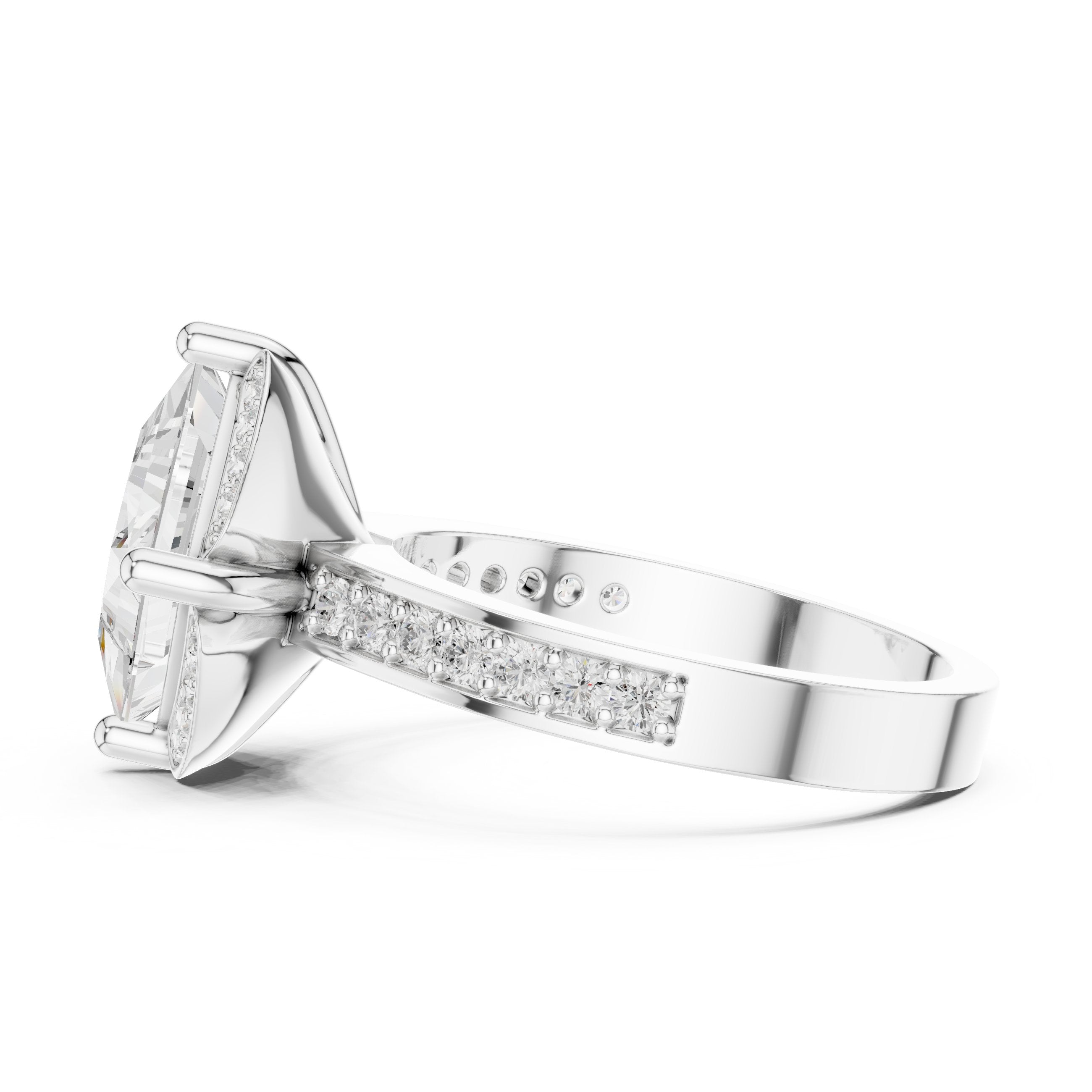 Princess Cut Halo Engagement Ring with Sculpted Pavé Frame and Pavé Band in White Gold - VYKA Diamonds