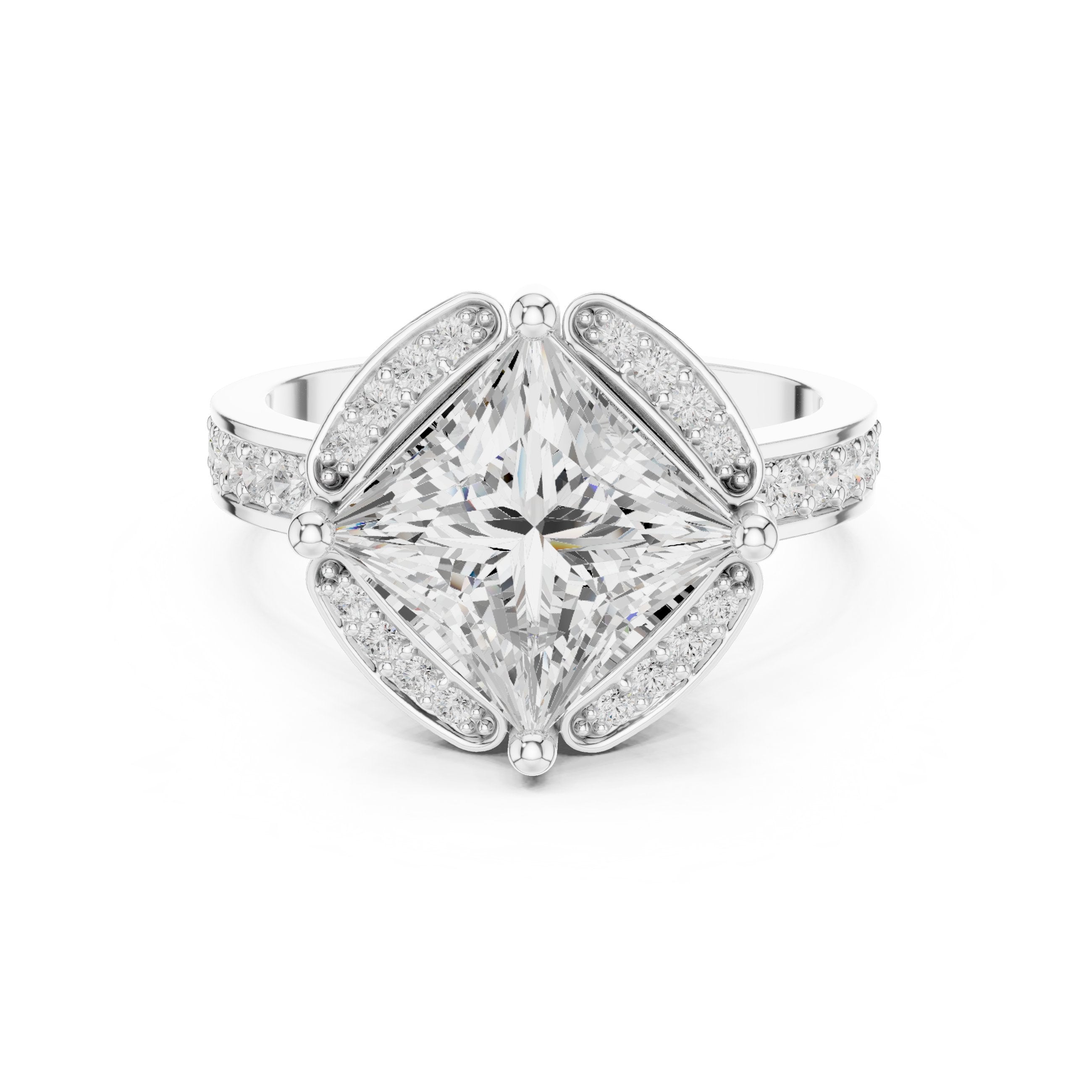 Princess Cut Halo Engagement Ring with Sculpted Pavé Frame and Pavé Band in White Gold - VYKA Diamonds