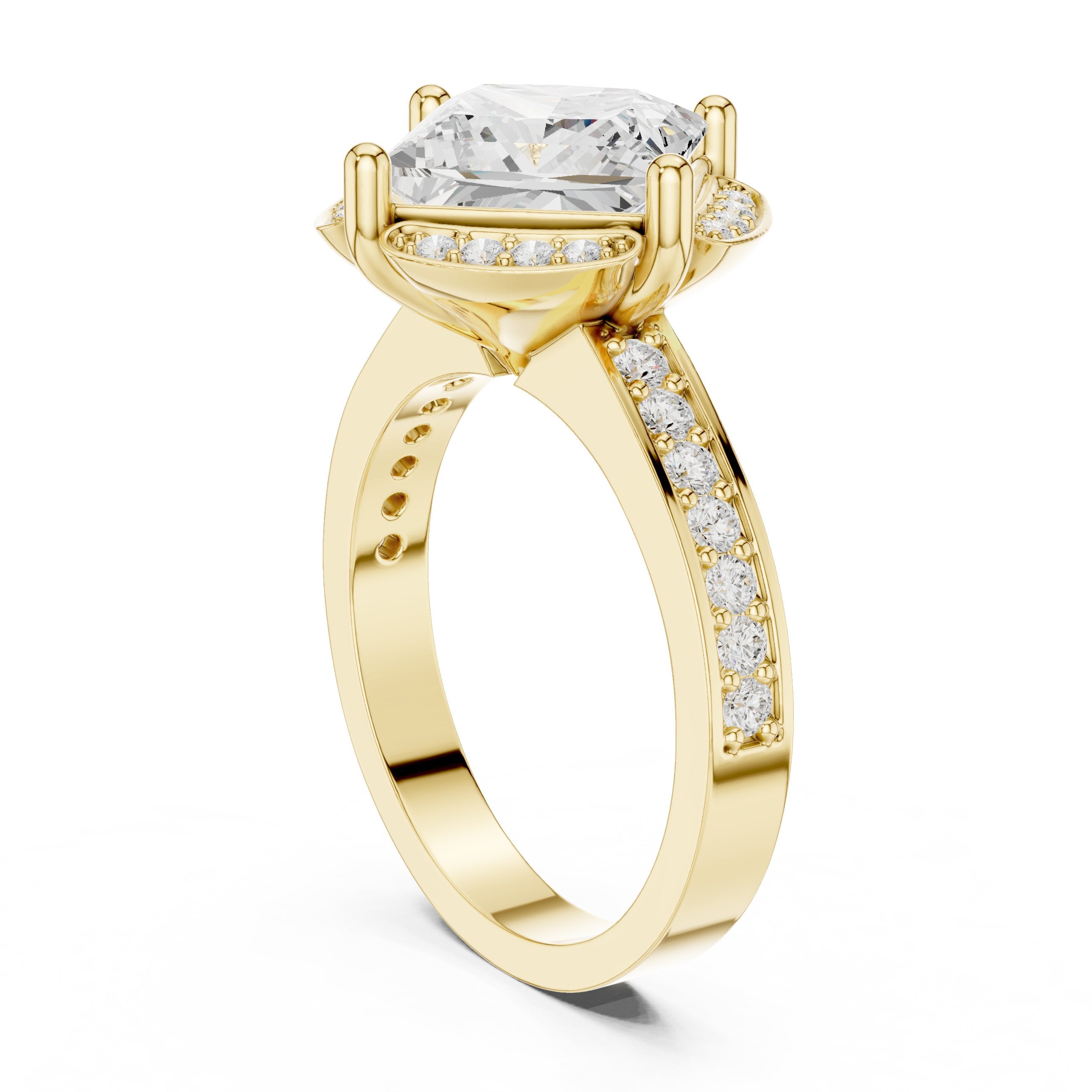 Princess Cut Halo Engagement Ring with Sculpted Pavé Frame and Pavé Band in Yellow Gold - VYKA Diamonds