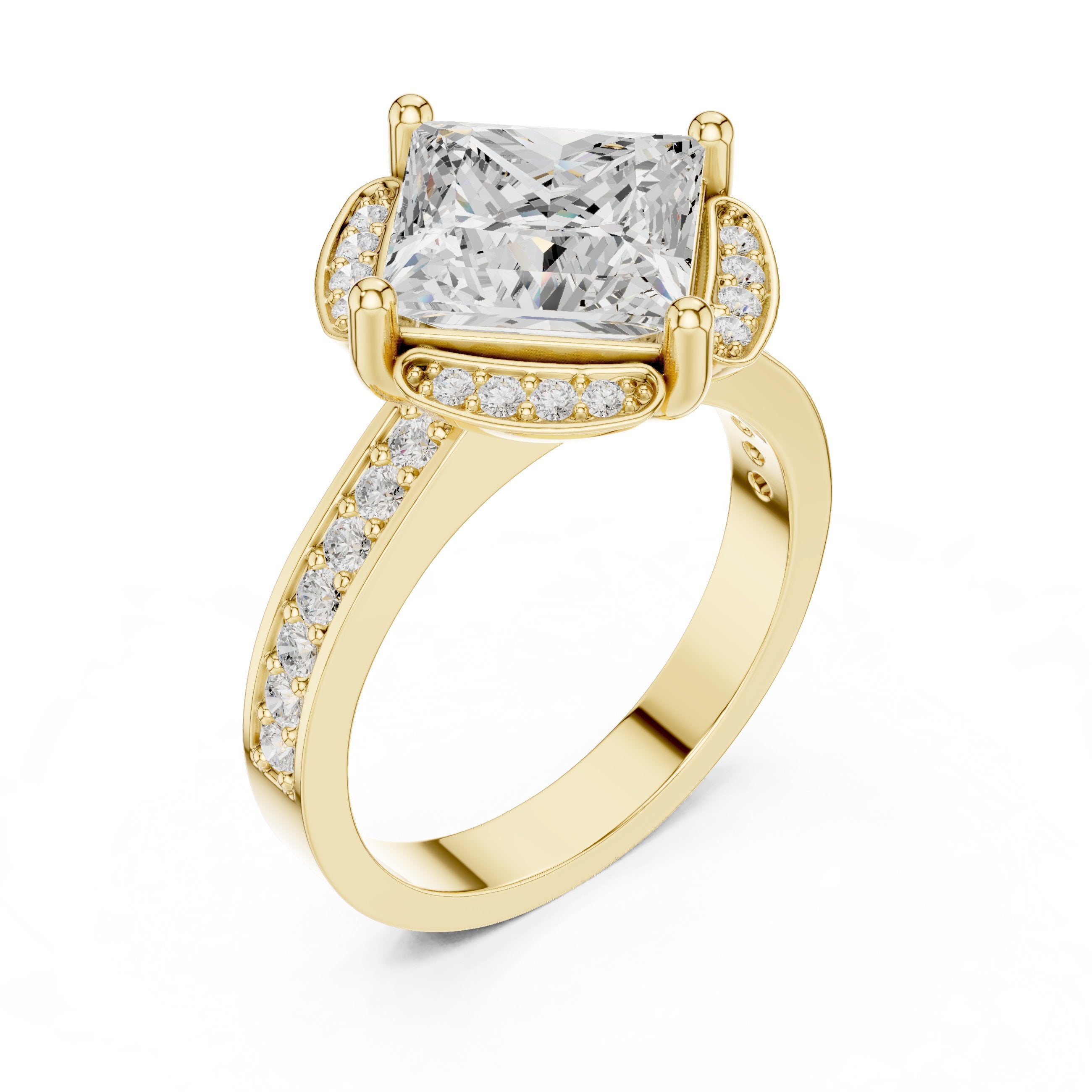 Princess Cut Halo Engagement Ring with Sculpted Pavé Frame and Pavé Band in Yellow Gold - VYKA Diamonds