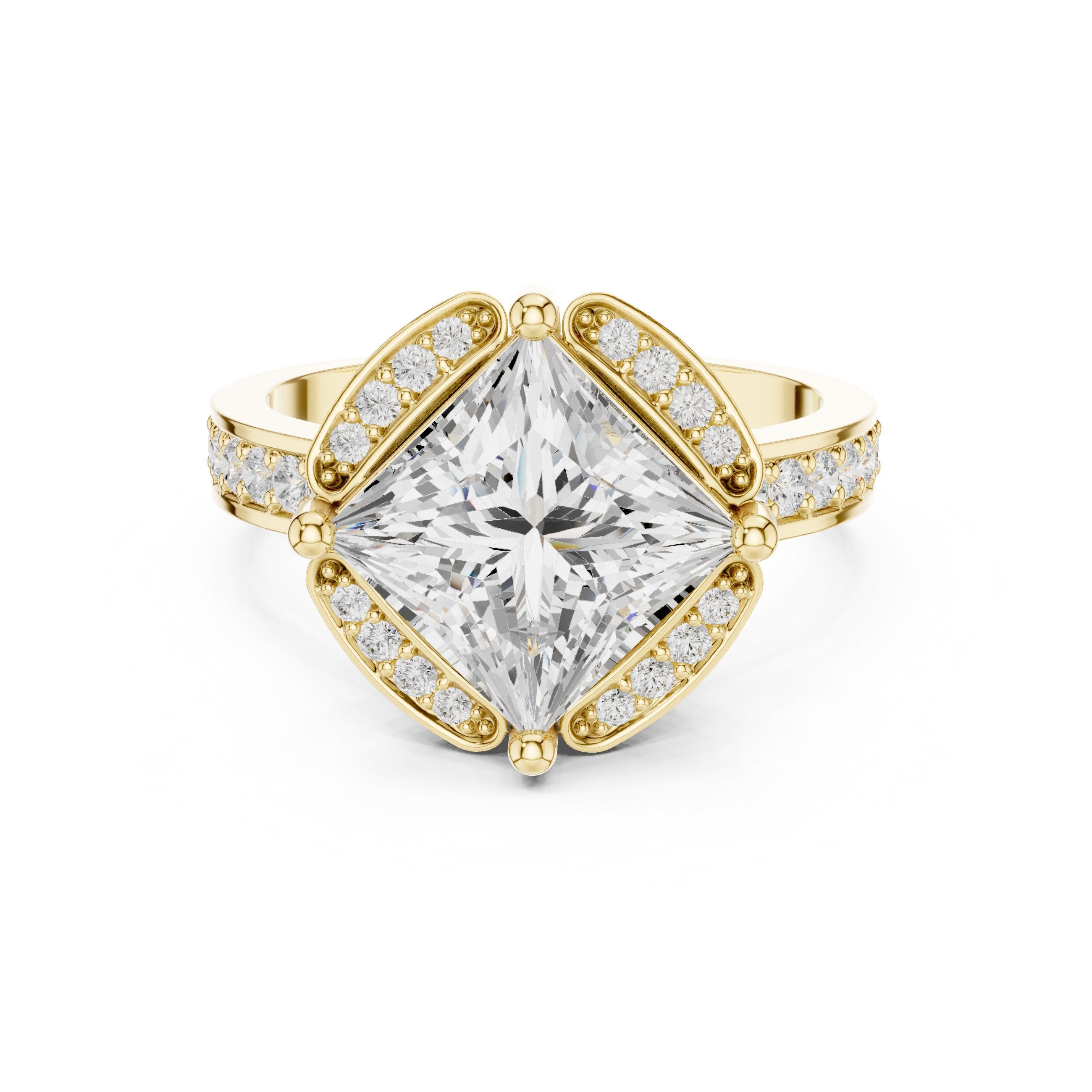 Princess Cut Halo Engagement Ring with Sculpted Pavé Frame and Pavé Band in Yellow Gold - VYKA Diamonds