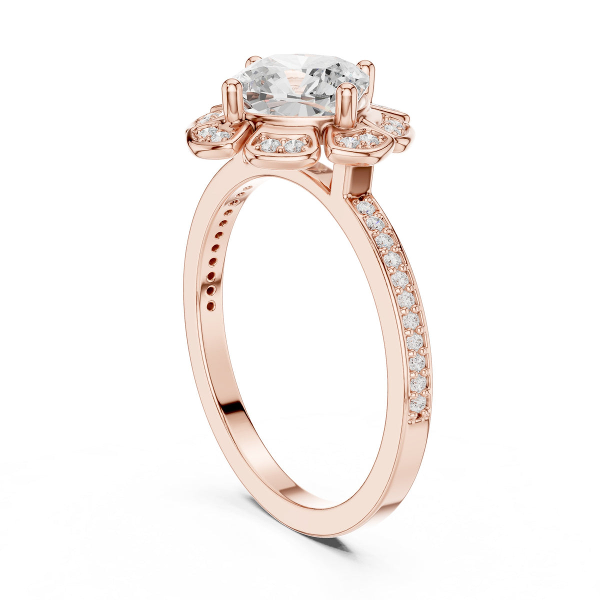 Round Diamond Flower Halo Engagement Ring with Pavé Band