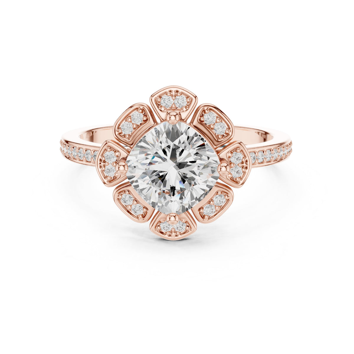 Round Diamond Flower Halo Engagement Ring with Pavé Band