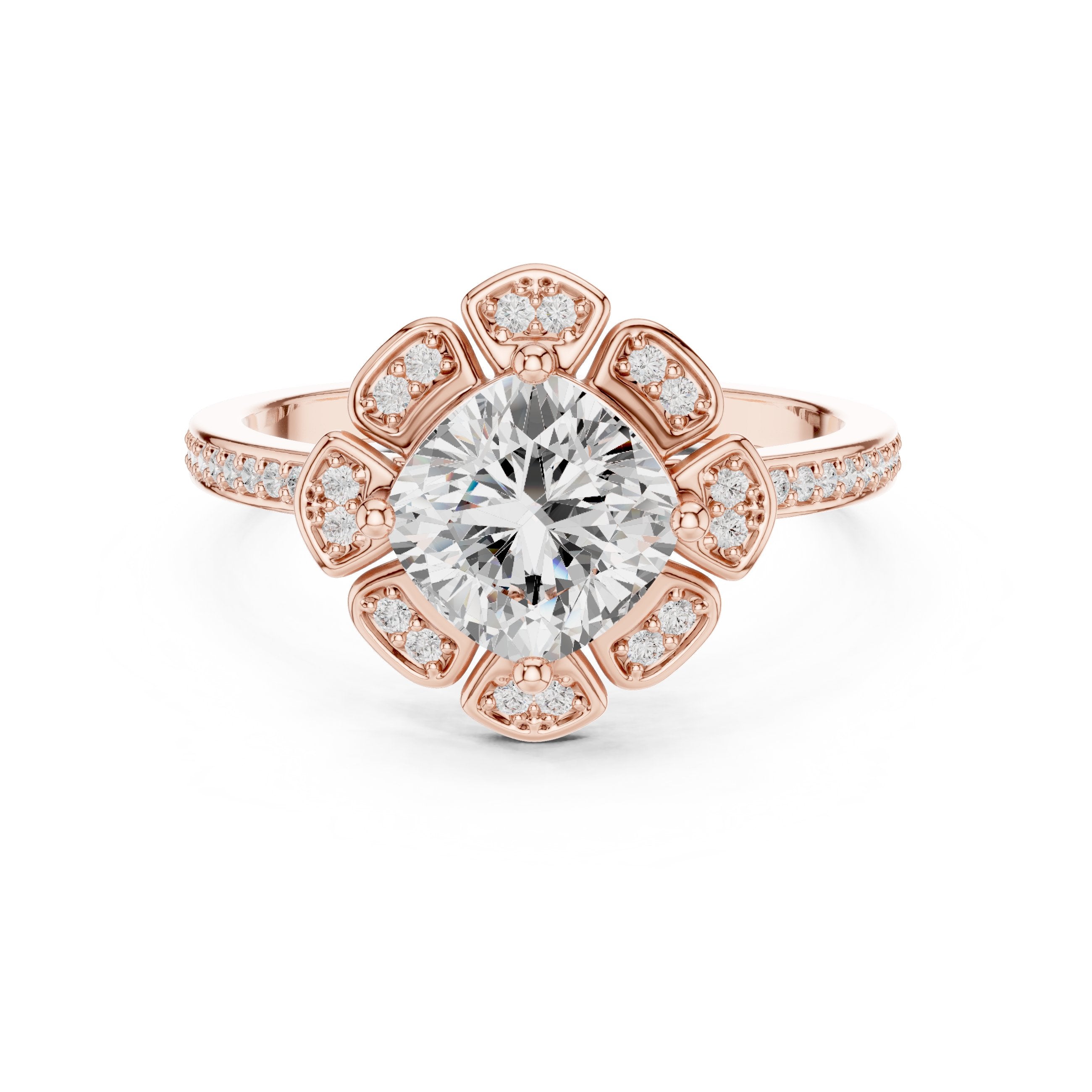 Round Diamond Flower Halo Engagement Ring with Pavé Band in Rose Gold - VYKA Diamonds
