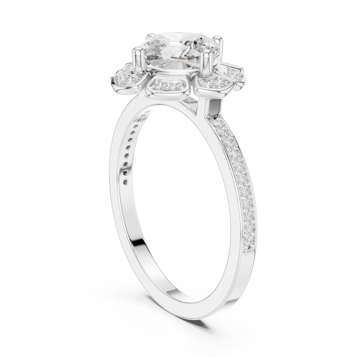 Round Diamond Flower Halo Engagement Ring with Pavé Band