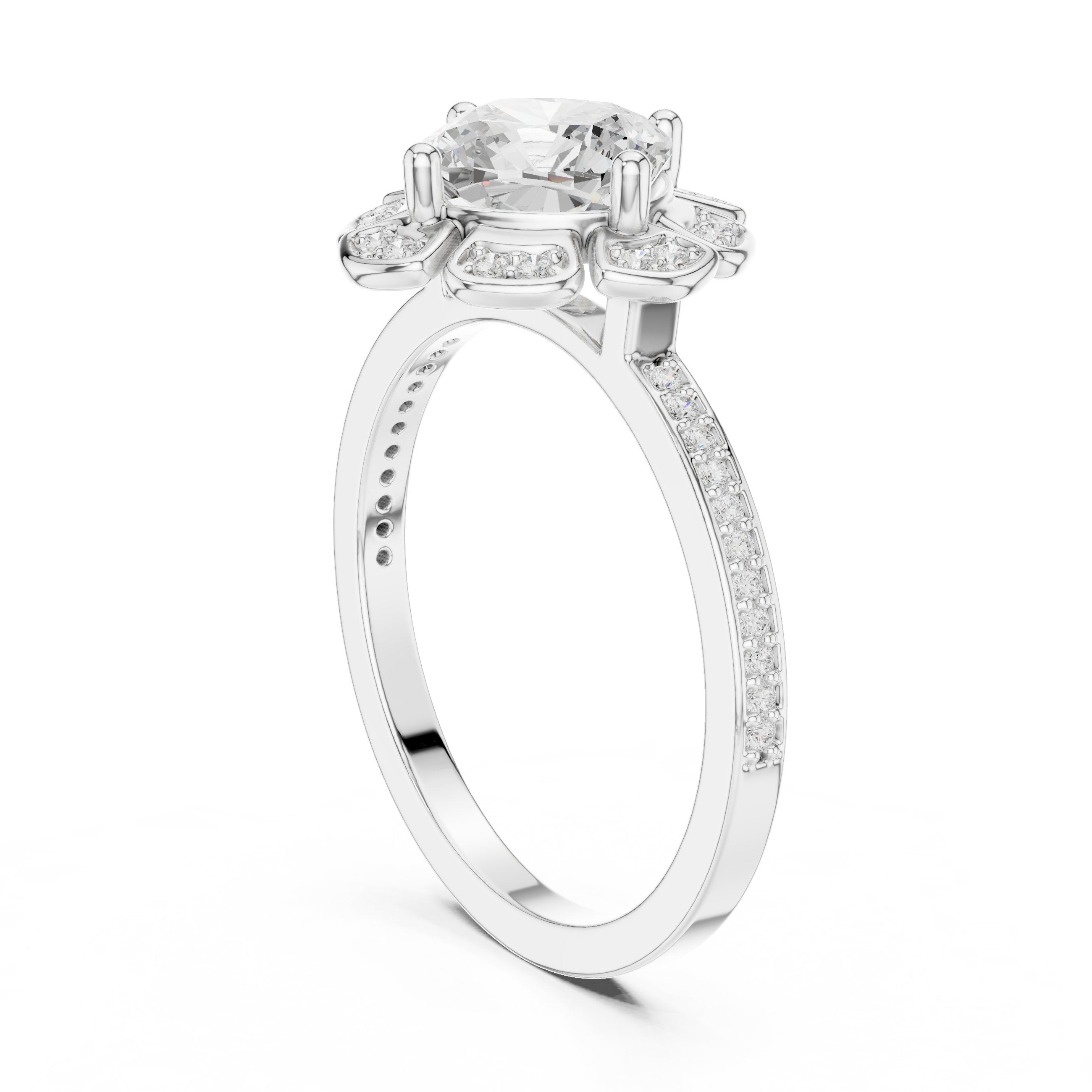 Round Diamond Flower Halo Engagement Ring with Pavé Band in White Gold - VYKA Diamonds