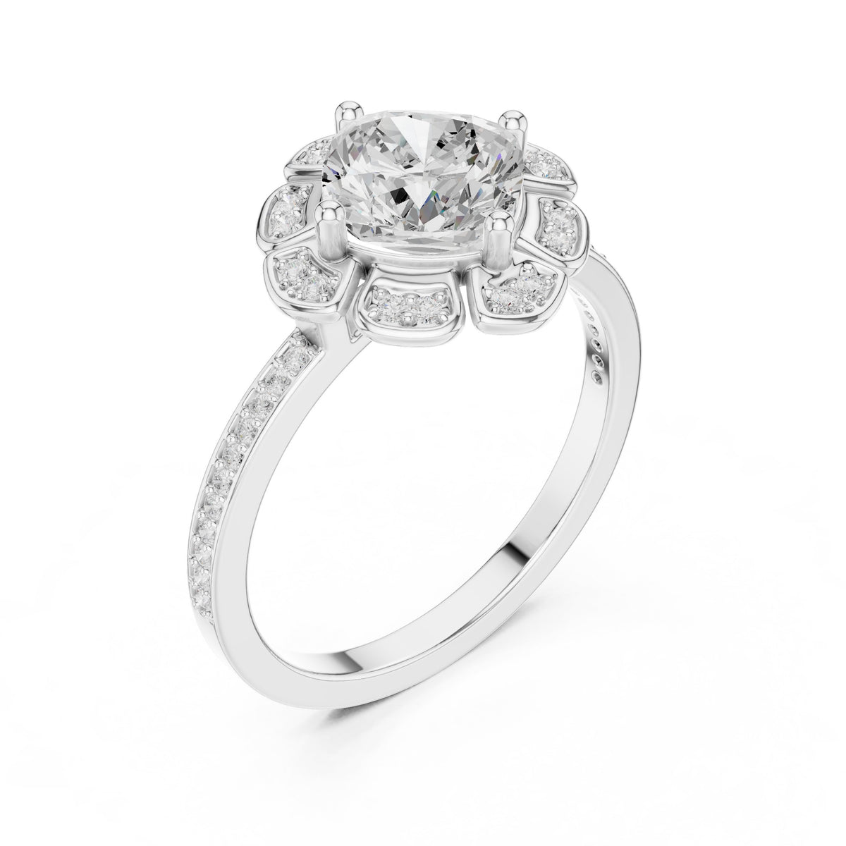 Round Diamond Flower Halo Engagement Ring with Pavé Band