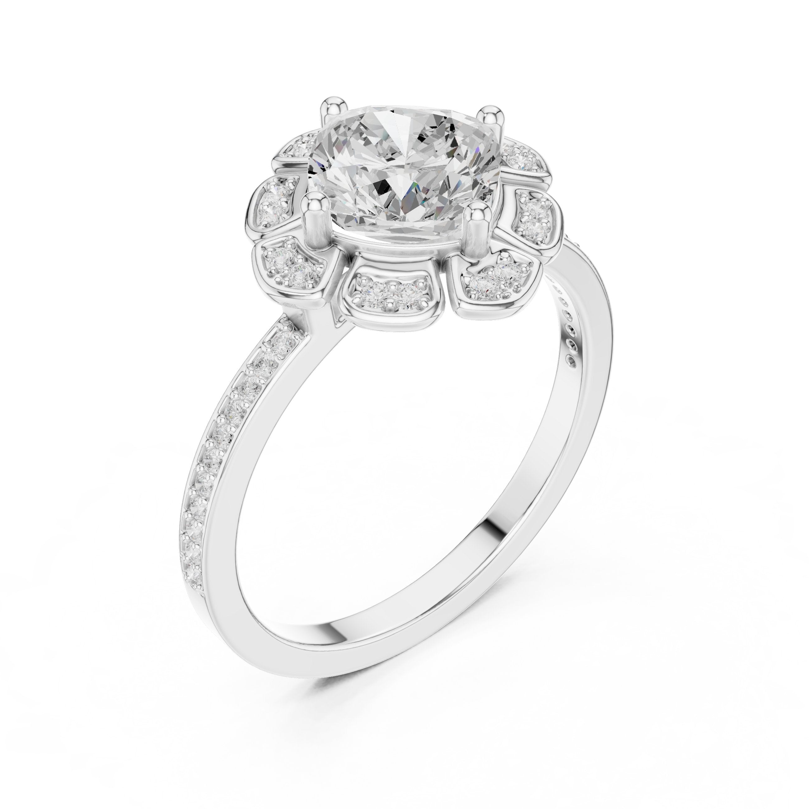 Round Diamond Flower Halo Engagement Ring with Pavé Band in White Gold - VYKA Diamonds