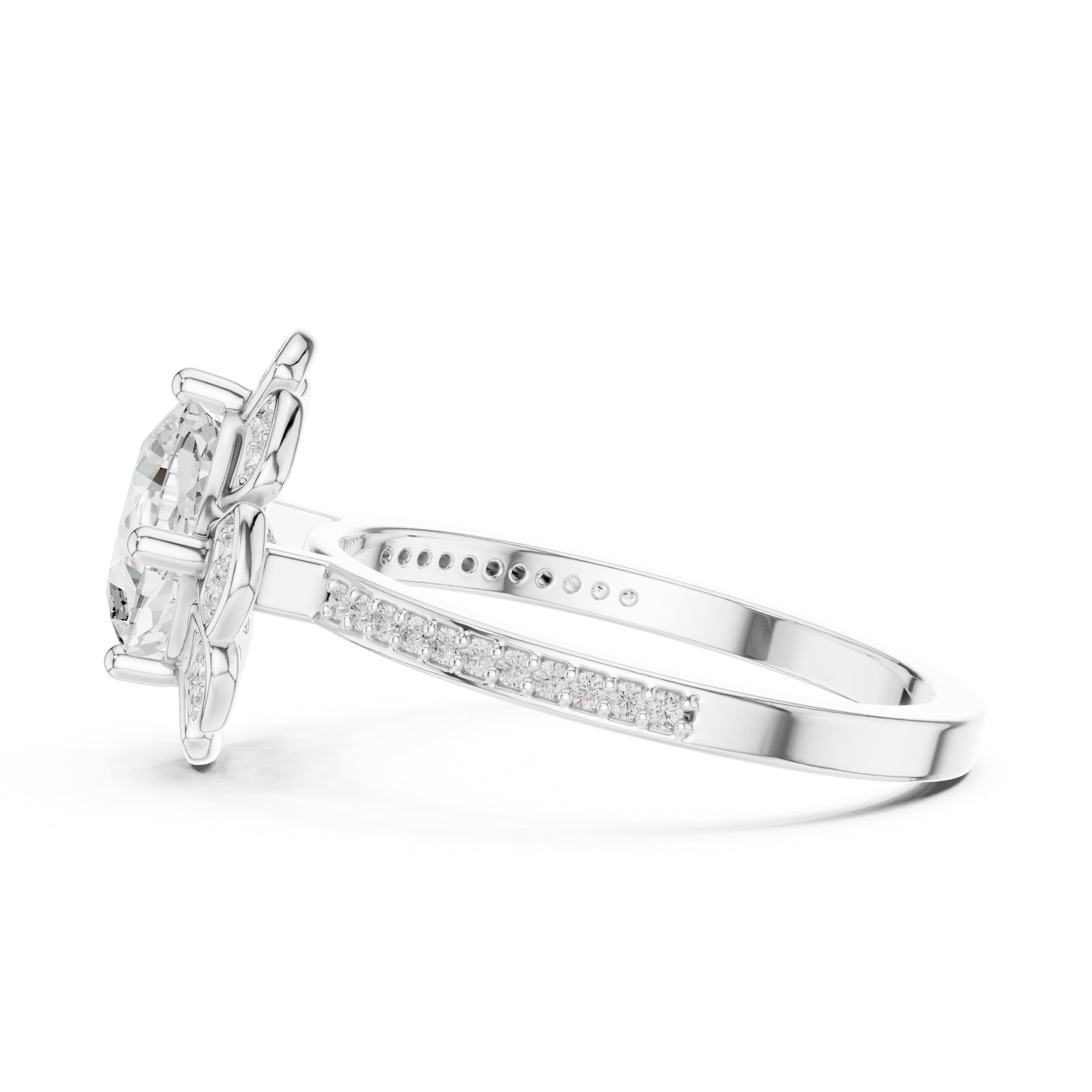Round Diamond Flower Halo Engagement Ring with Pavé Band in White Gold - VYKA Diamonds