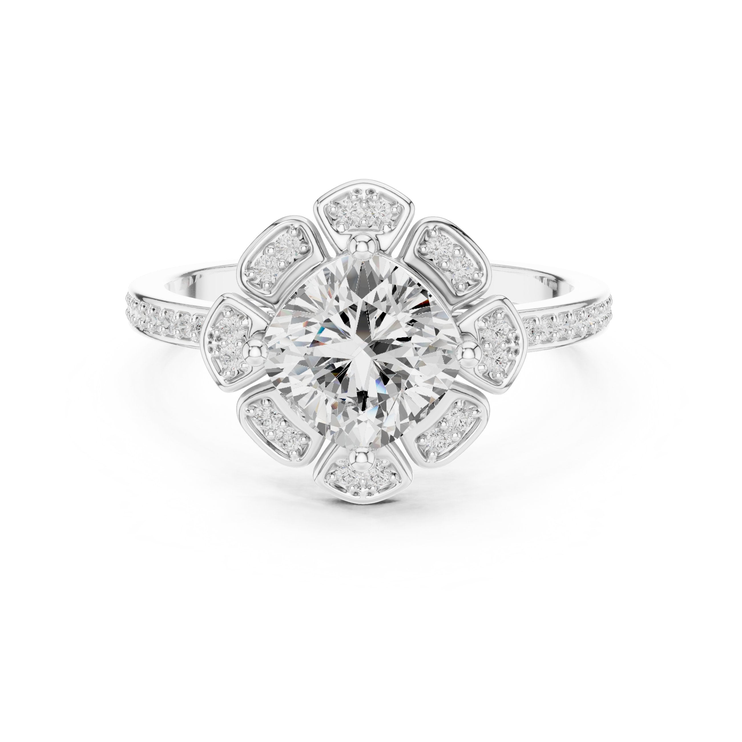 Round Diamond Flower Halo Engagement Ring with Pavé Band in White Gold - VYKA Diamonds