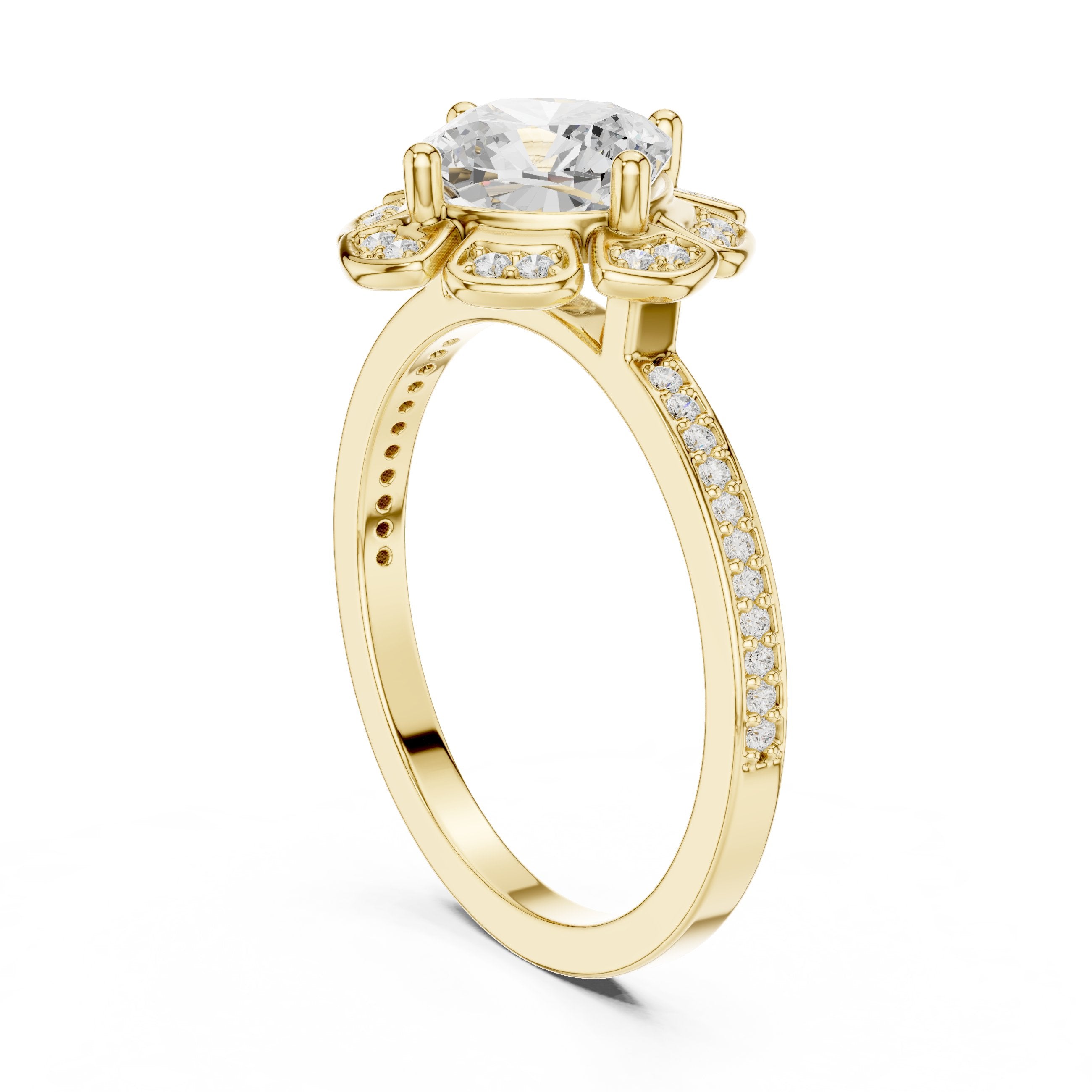 Round Diamond Flower Halo Engagement Ring with Pavé Band in Yellow Gold - VYKA Diamonds