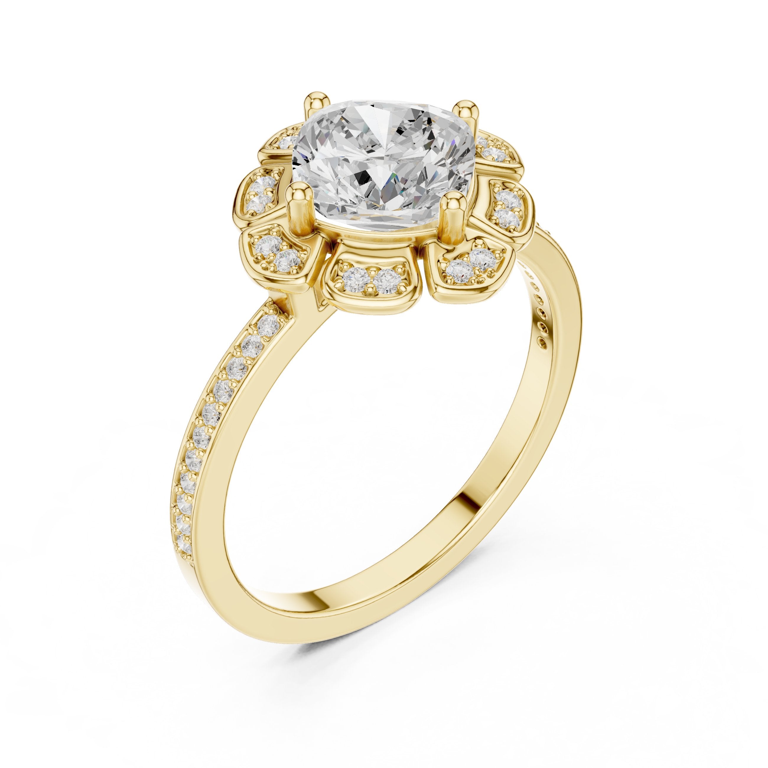 Round Diamond Flower Halo Engagement Ring with Pavé Band in Yellow Gold - VYKA Diamonds