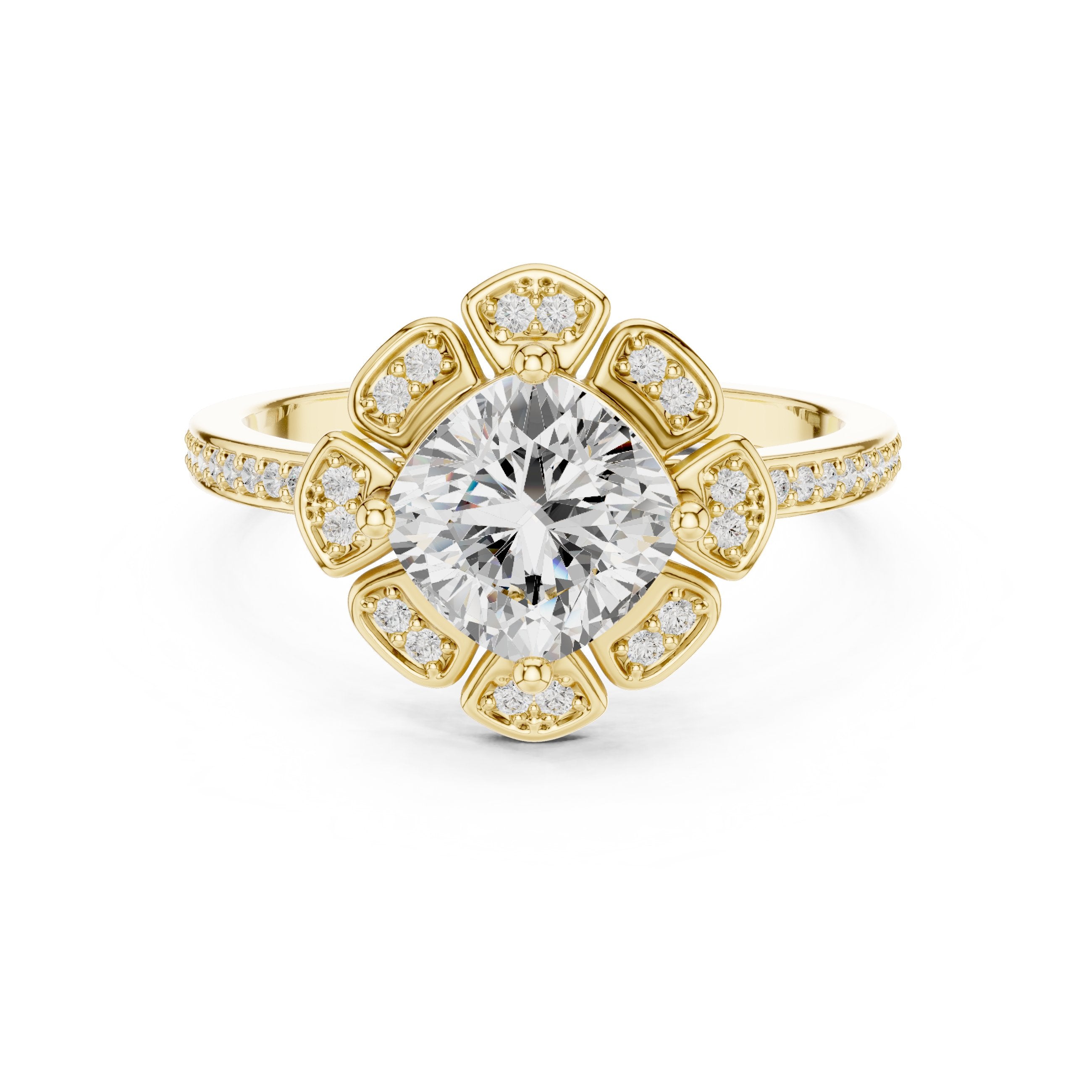 Round Diamond Flower Halo Engagement Ring with Pavé Band in Yellow Gold - VYKA Diamonds