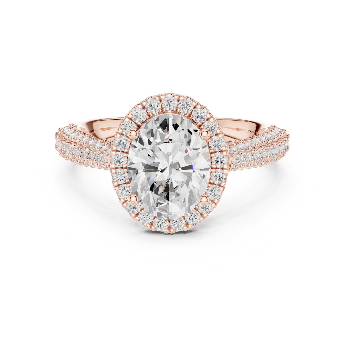 Oval Diamond Halo Engagement Ring with Twisted Pavé Band