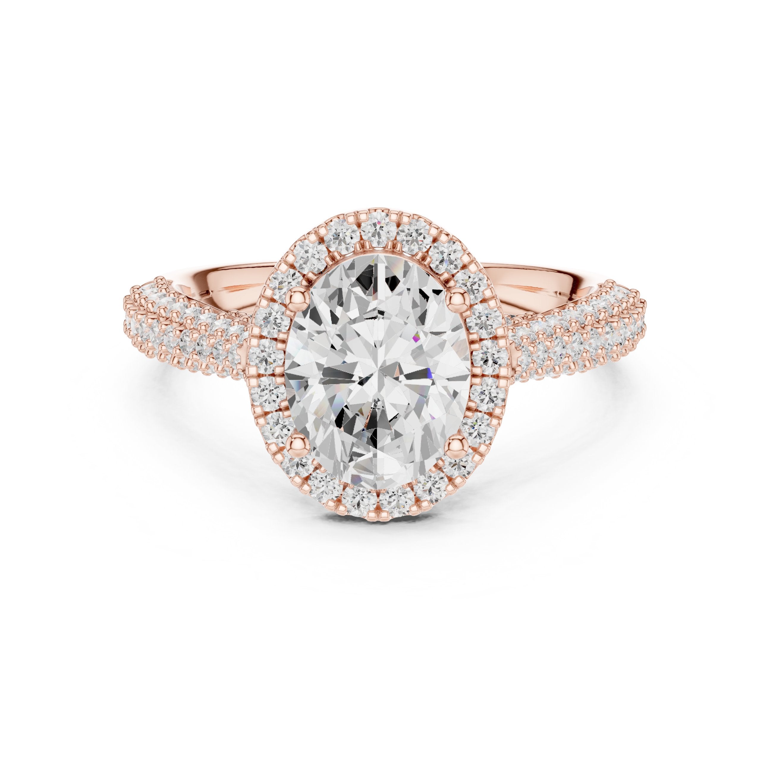 Oval Diamond Halo Engagement Ring with Twisted Pavé Band in Rose Gold - VYKA Diamonds