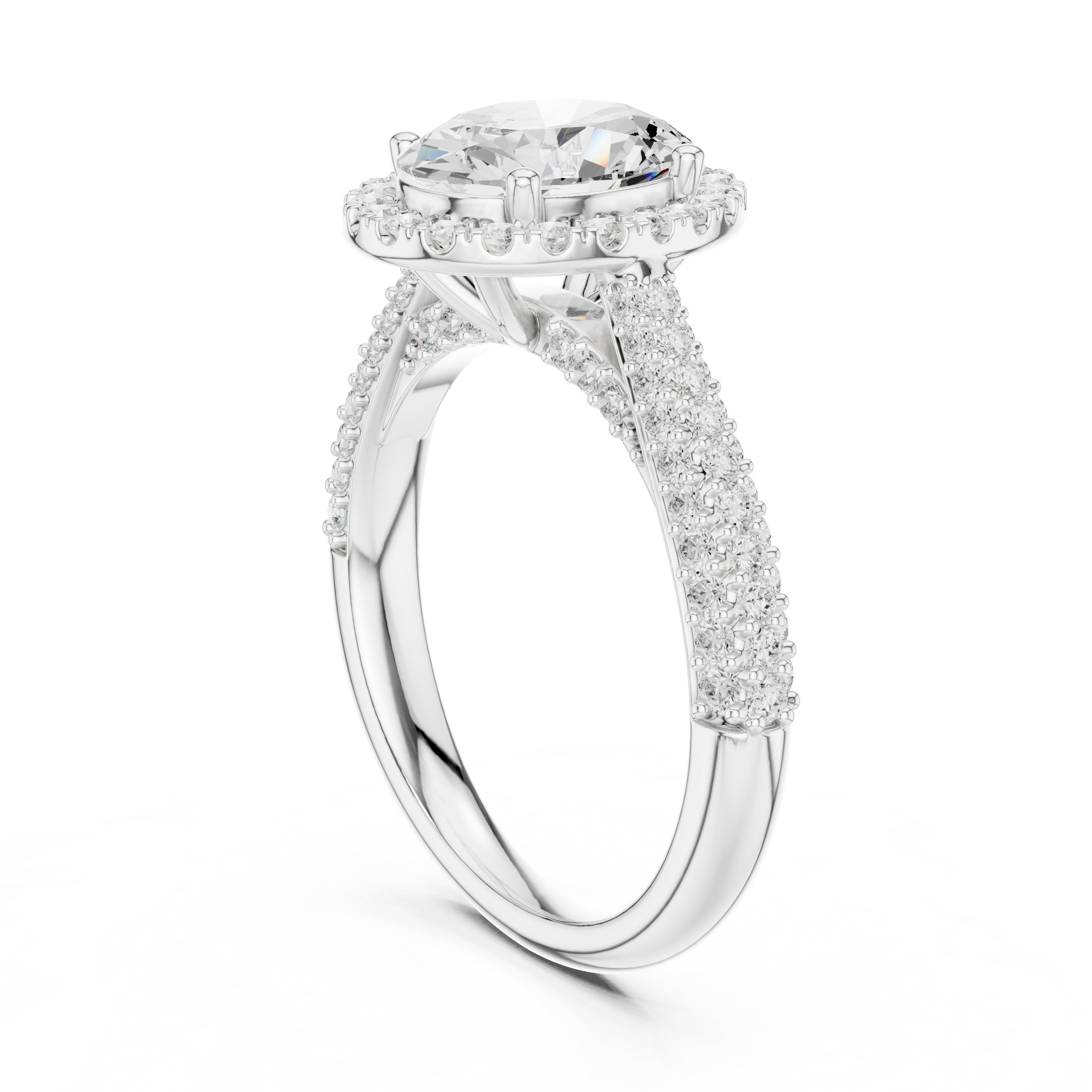 Oval Diamond Halo Engagement Ring with Twisted Pavé Band in White Gold - VYKA Diamonds