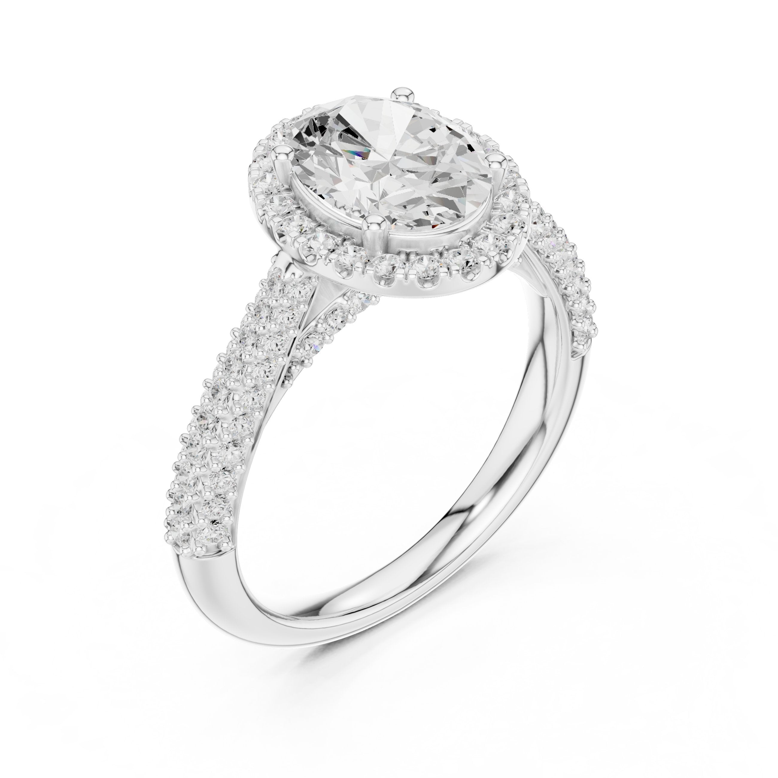 Oval Diamond Halo Engagement Ring with Twisted Pavé Band in White Gold - VYKA Diamonds