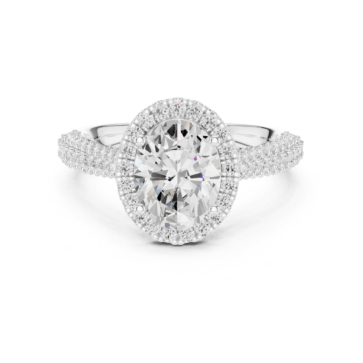 Oval Diamond Halo Engagement Ring with Twisted Pavé Band