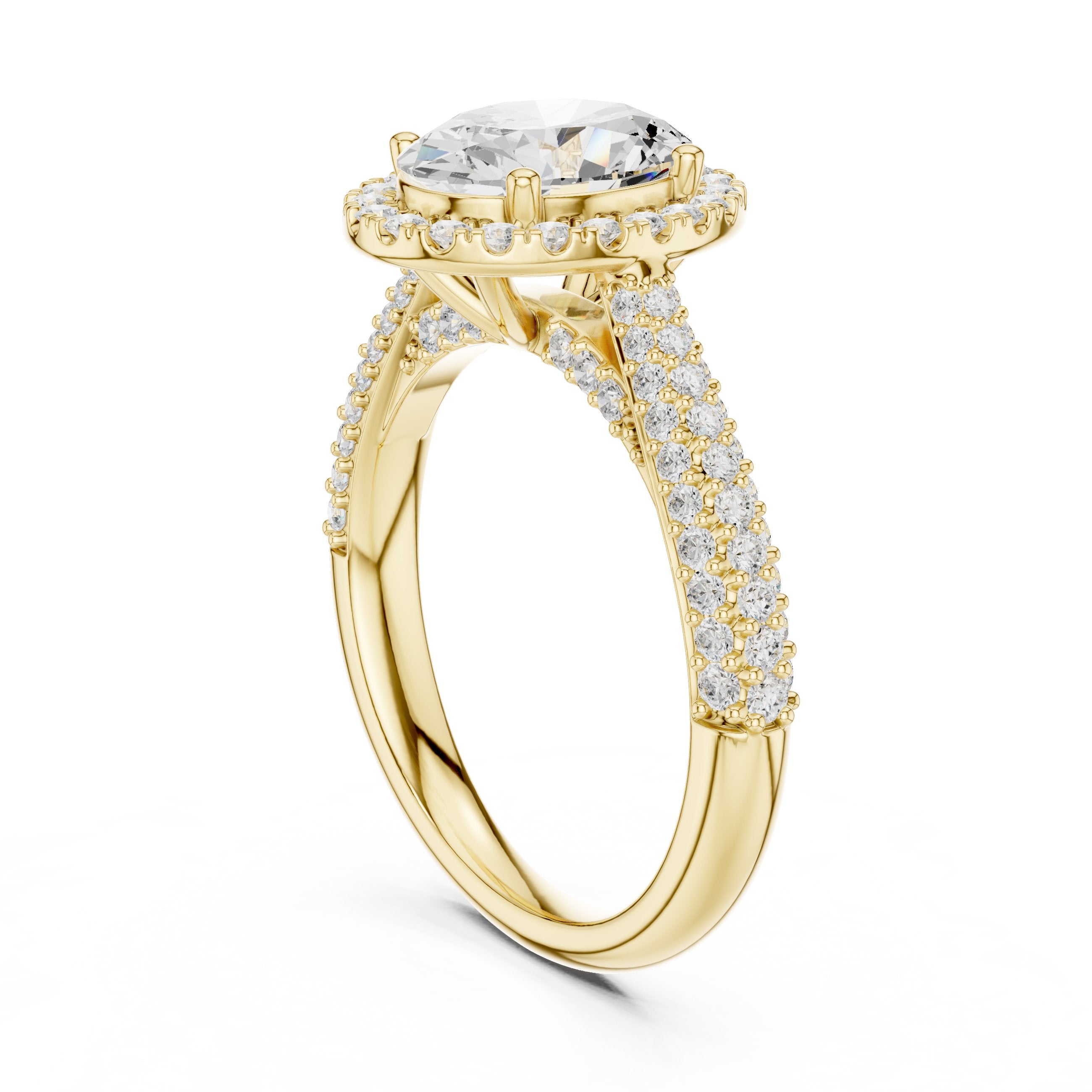 Oval Diamond Halo Engagement Ring with Twisted Pavé Band in Yellow Gold - VYKA Diamonds