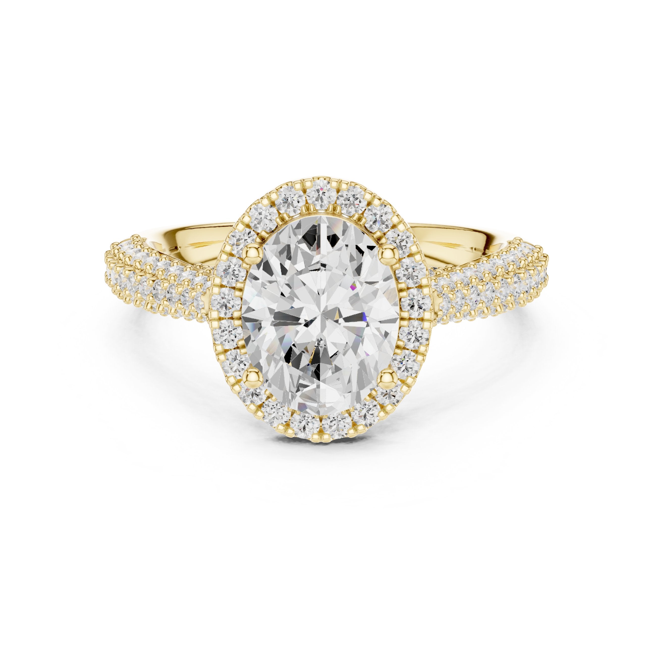 Oval Diamond Halo Engagement Ring with Twisted Pavé Band in Yellow Gold - VYKA Diamonds