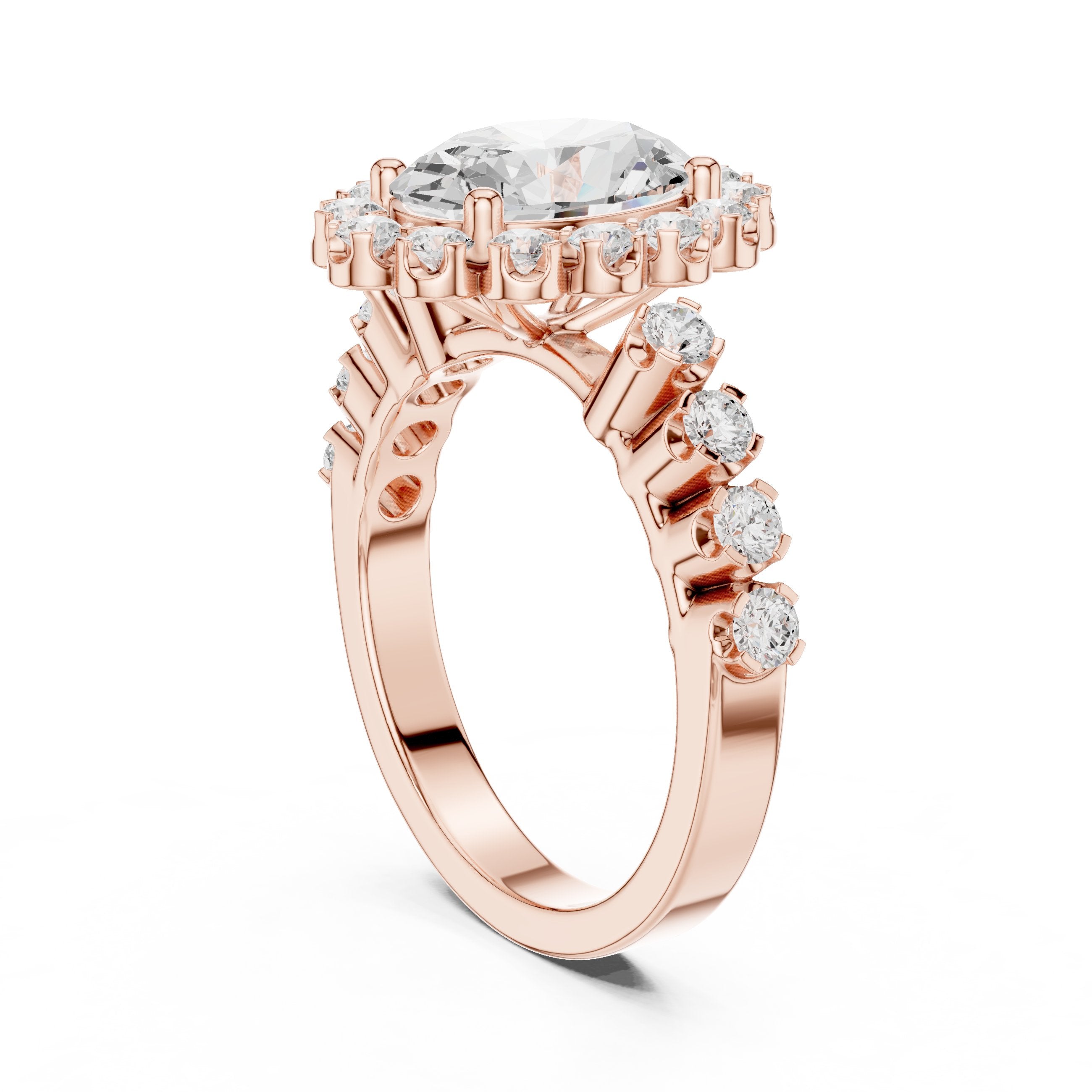 Oval Diamond Scalloped Halo Engagement Ring with Pavé Band in Rose Gold - VYKA Diamonds