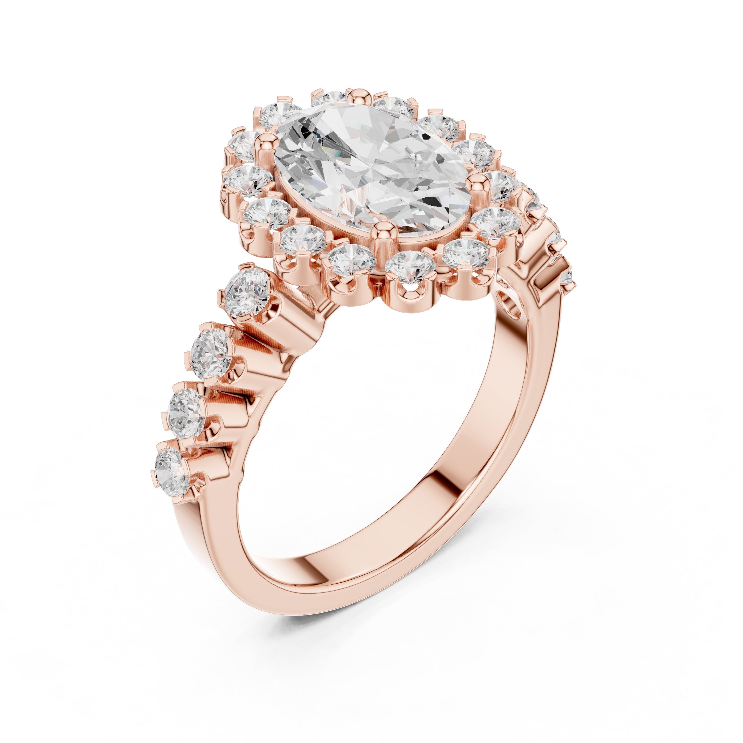 Oval Diamond Scalloped Halo Engagement Ring with Pavé Band in Rose Gold - VYKA Diamonds