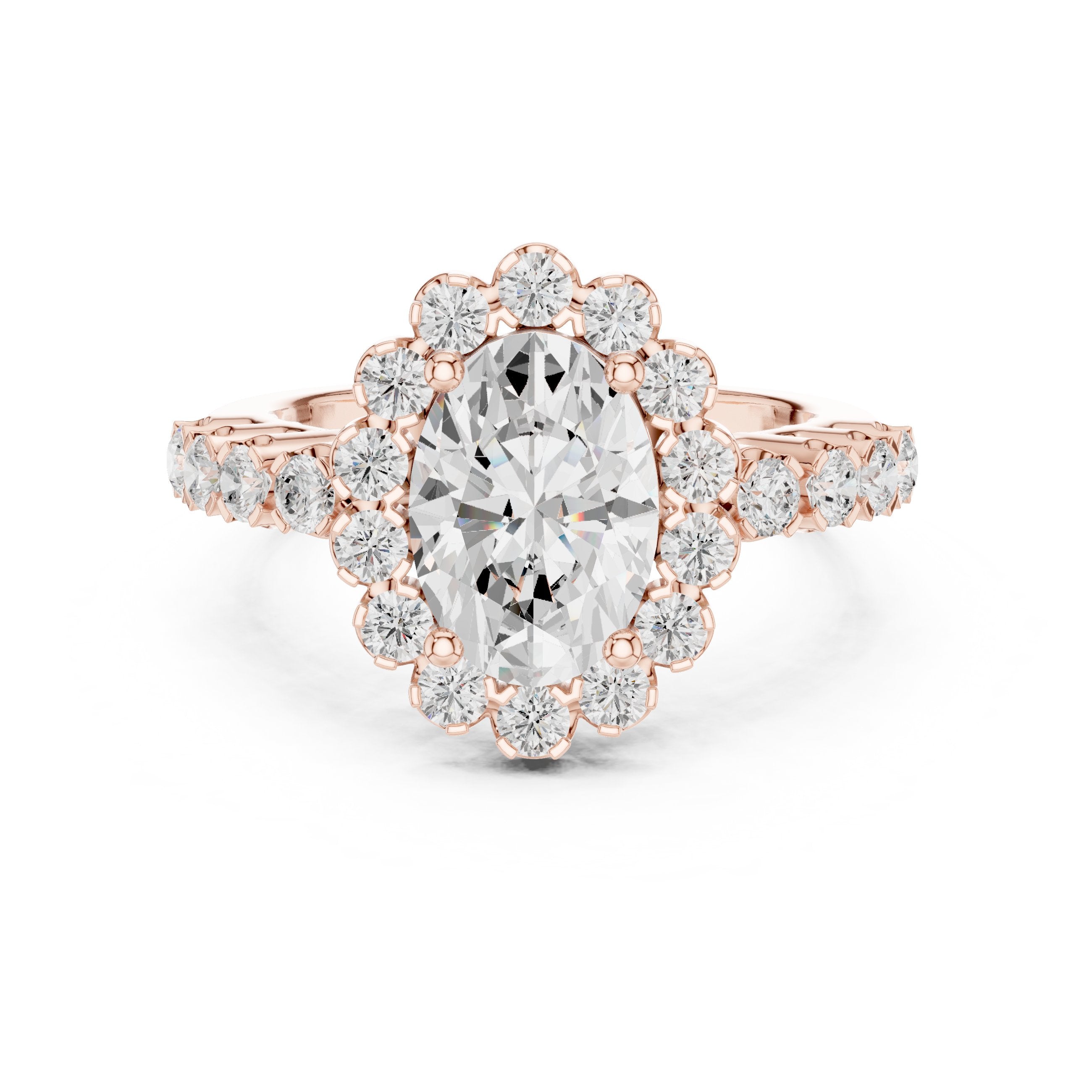Oval Diamond Scalloped Halo Engagement Ring with Pavé Band in Rose Gold - VYKA Diamonds