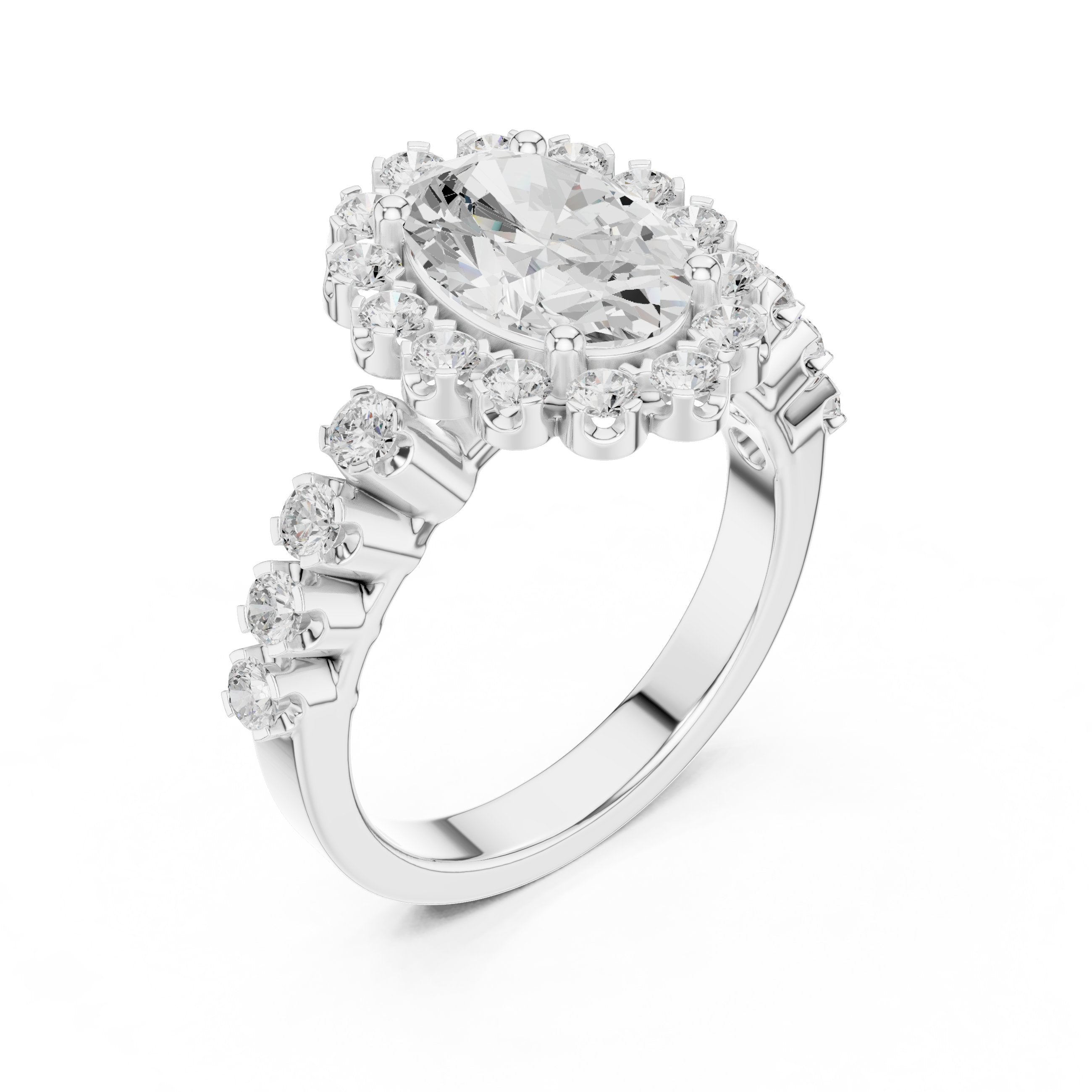 Oval Diamond Scalloped Halo Engagement Ring with Pavé Band in White Gold - VYKA Diamonds