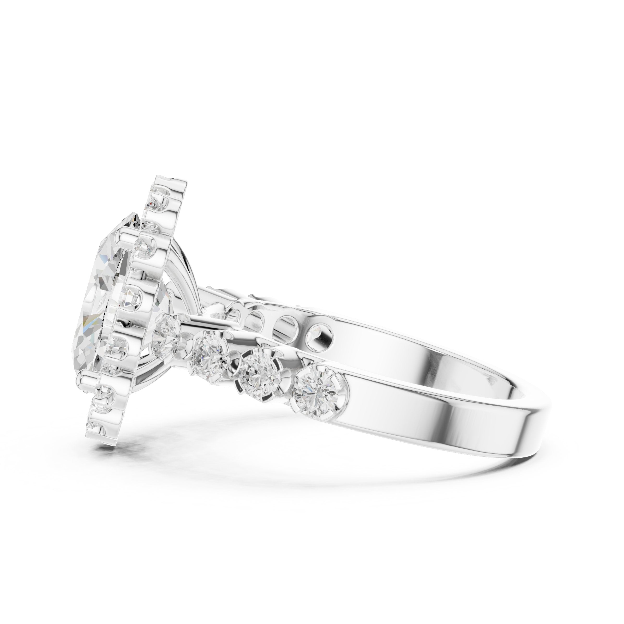 Oval Diamond Scalloped Halo Engagement Ring with Pavé Band in White Gold - VYKA Diamonds