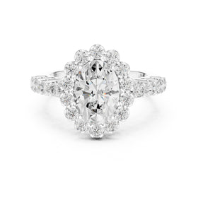 Oval Diamond Scalloped Halo Engagement Ring with Pavé Band