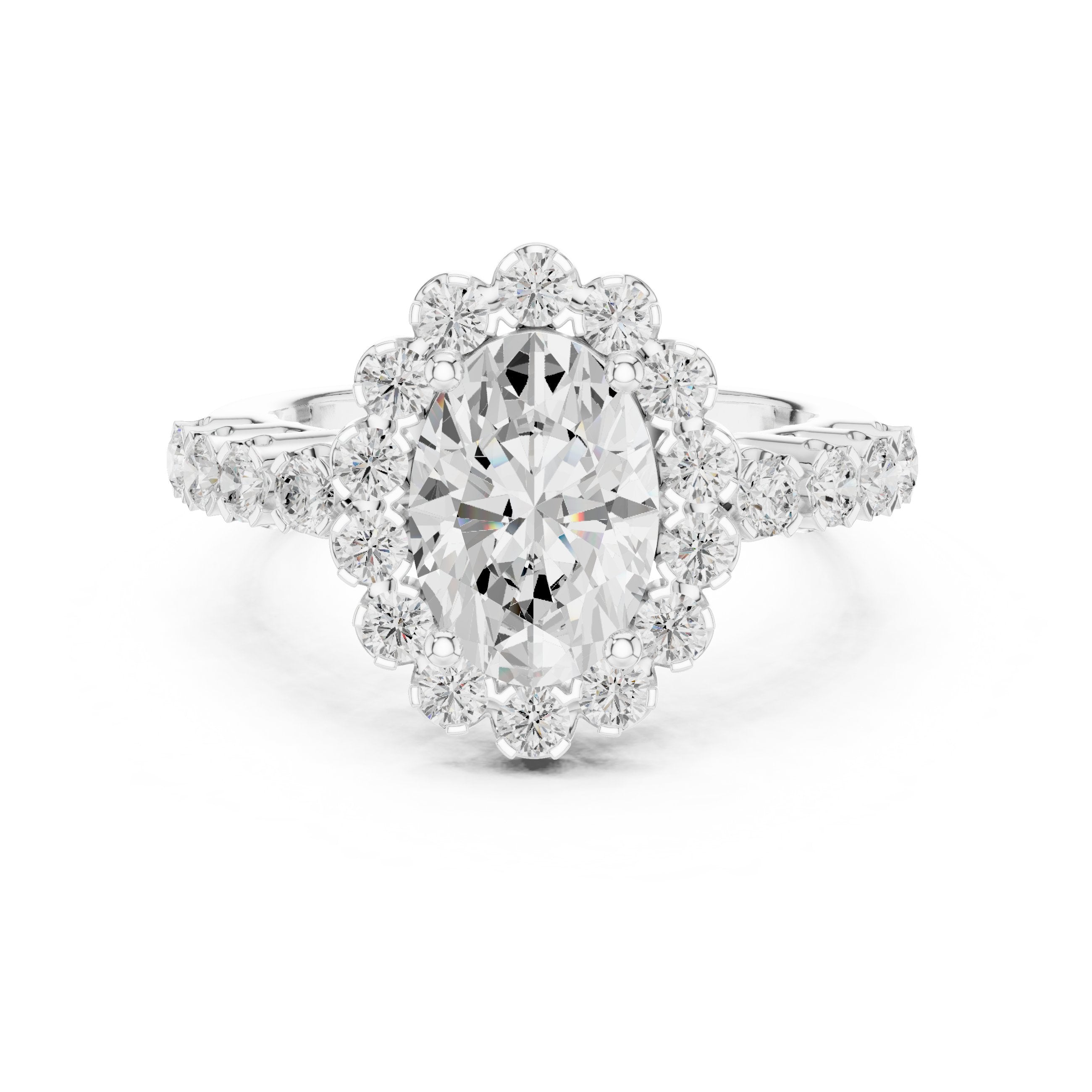 Oval Diamond Scalloped Halo Engagement Ring with Pavé Band in White Gold - VYKA Diamonds