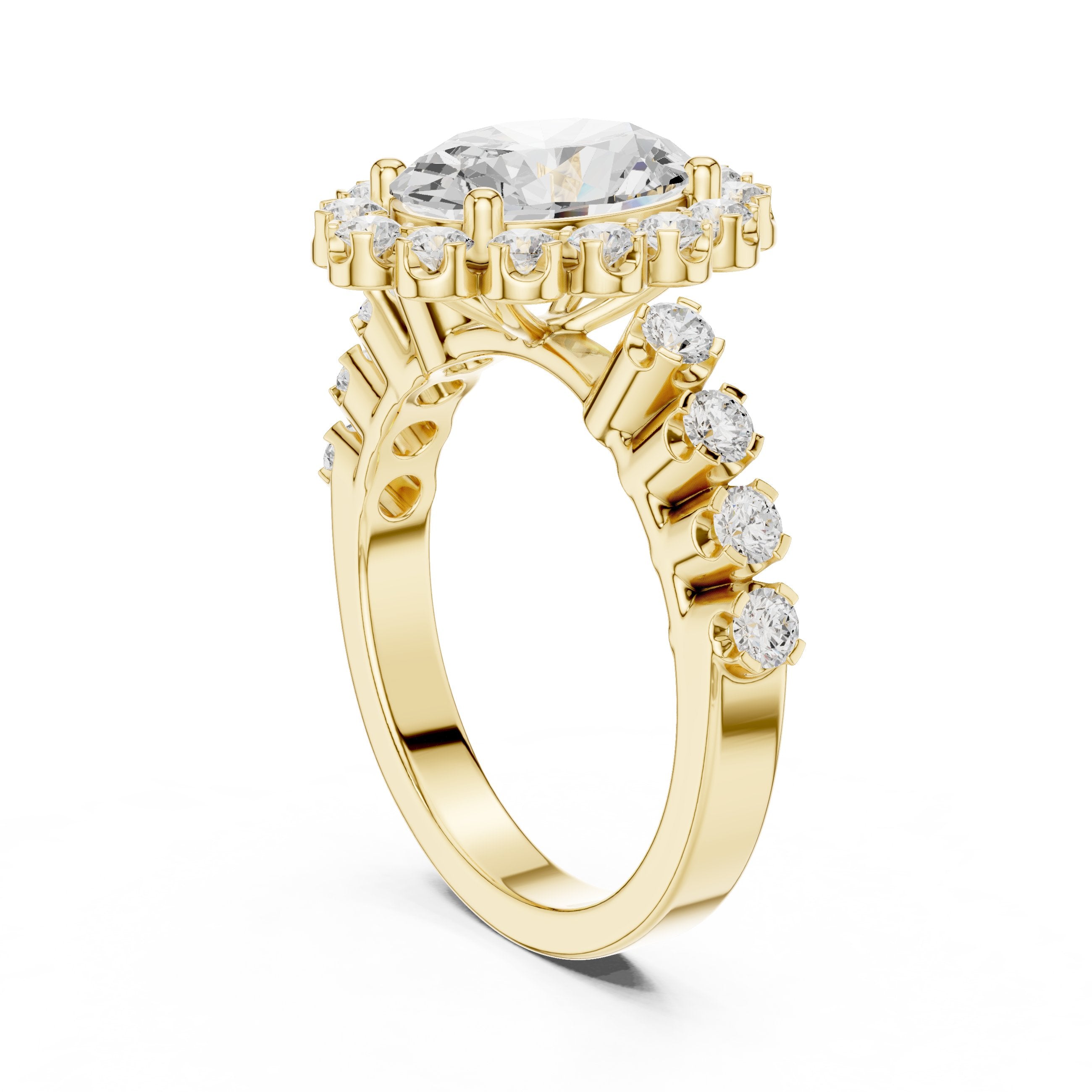 Oval Diamond Scalloped Halo Engagement Ring with Pavé Band in Yellow Gold - VYKA Diamonds