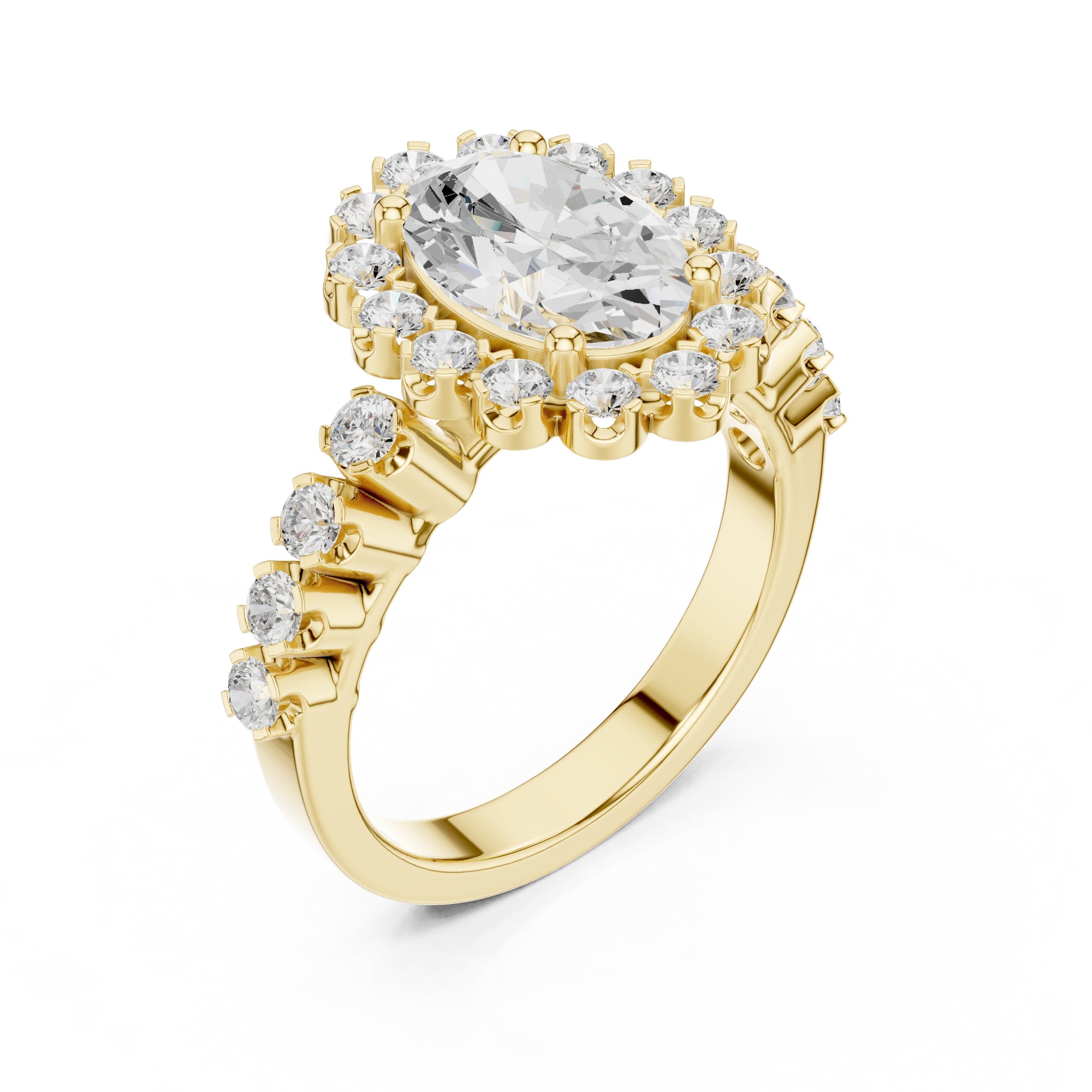 Oval Diamond Scalloped Halo Engagement Ring with Pavé Band in Yellow Gold - VYKA Diamonds
