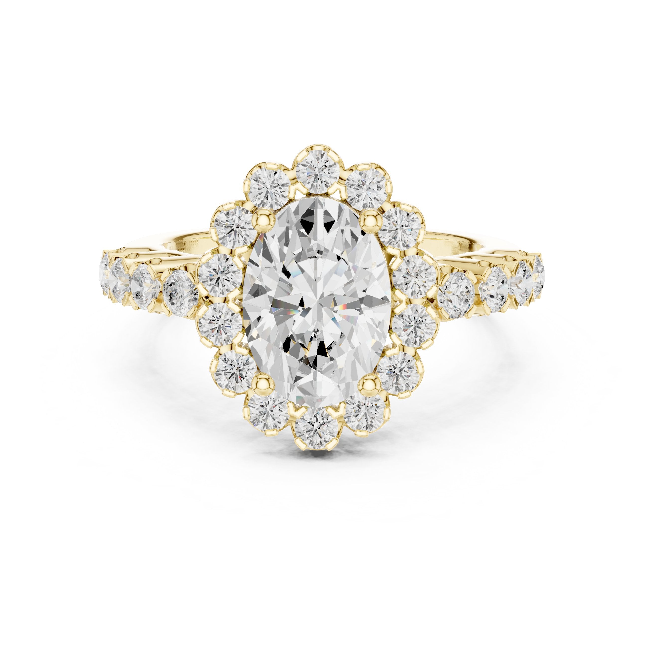 Oval Diamond Scalloped Halo Engagement Ring with Pavé Band in Yellow Gold - VYKA Diamonds