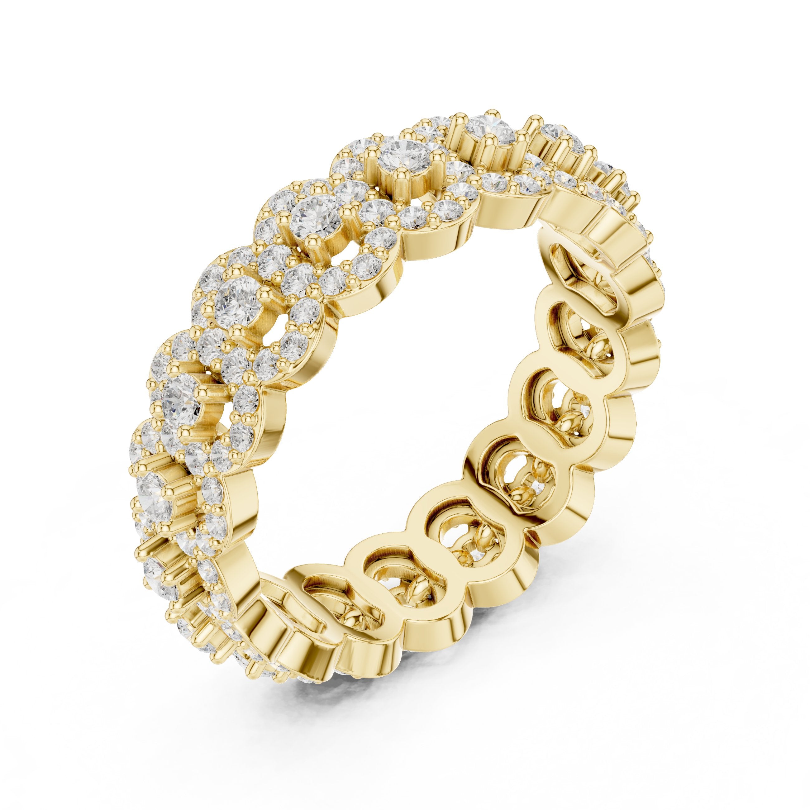 Round Diamond Multi-Floral Cluster Statement Anniversary Band in Yellow Gold - VYKA Diamonds