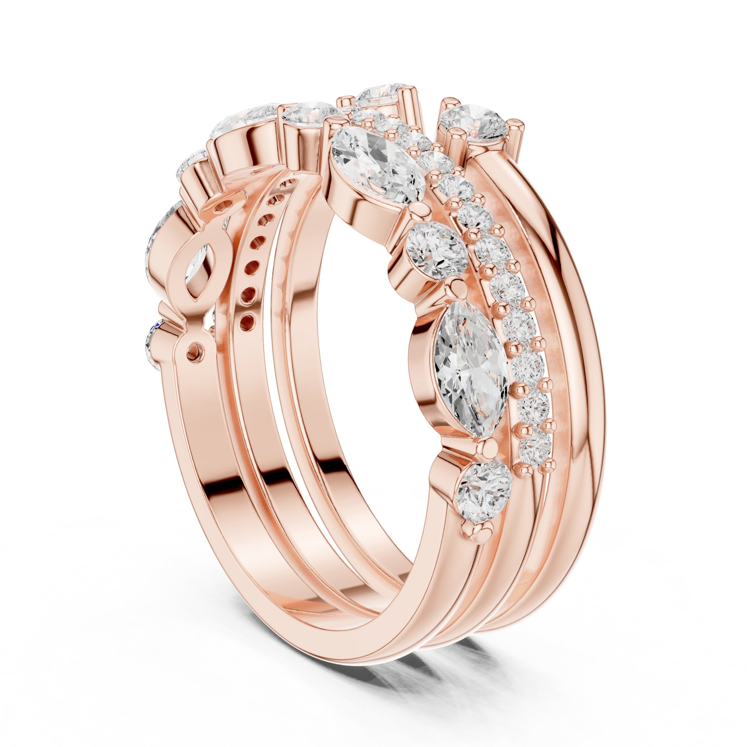 Mixed Marquise and Round Diamond Stackable Wedding Band Set in Rose Gold - VYKA Diamonds