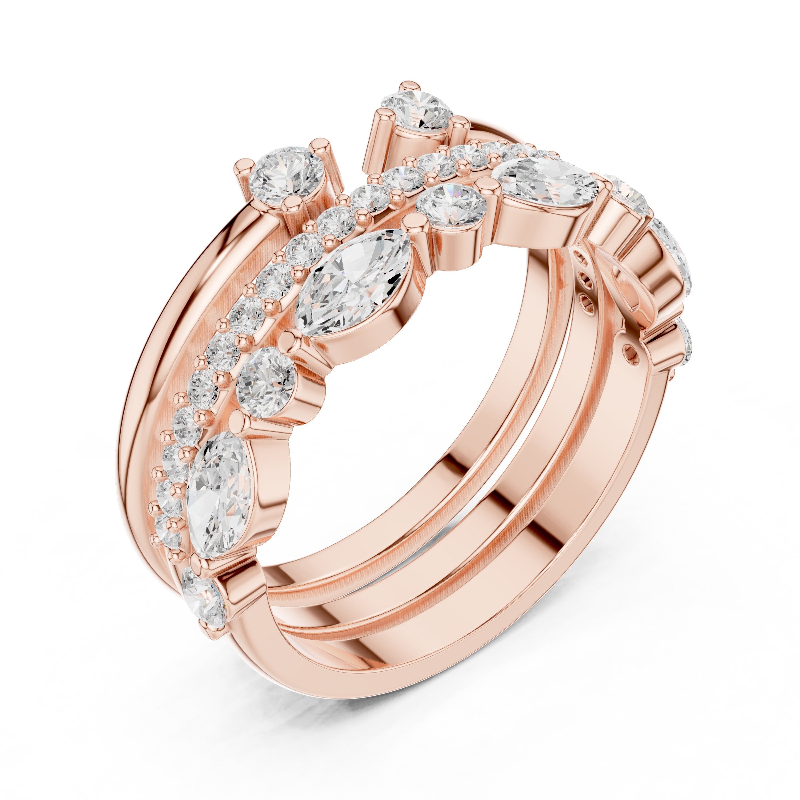 Mixed Marquise and Round Diamond Stackable Wedding Band Set in Rose Gold - VYKA Diamonds